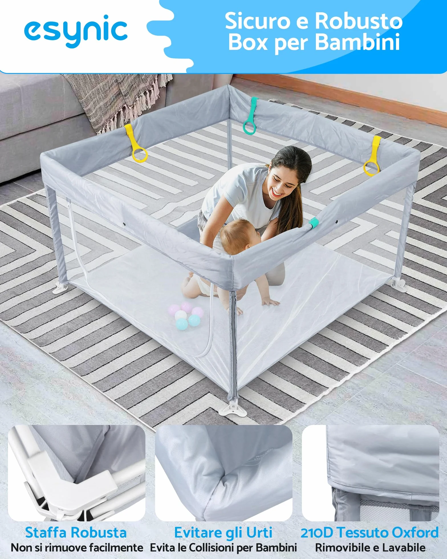 eSynic Playpen Bambini 120x120 cm Pieghevole con Pallini e Maniglie, Recinto Neonati Modulare, Porta Zip, Borsa Viaggio - Grigio