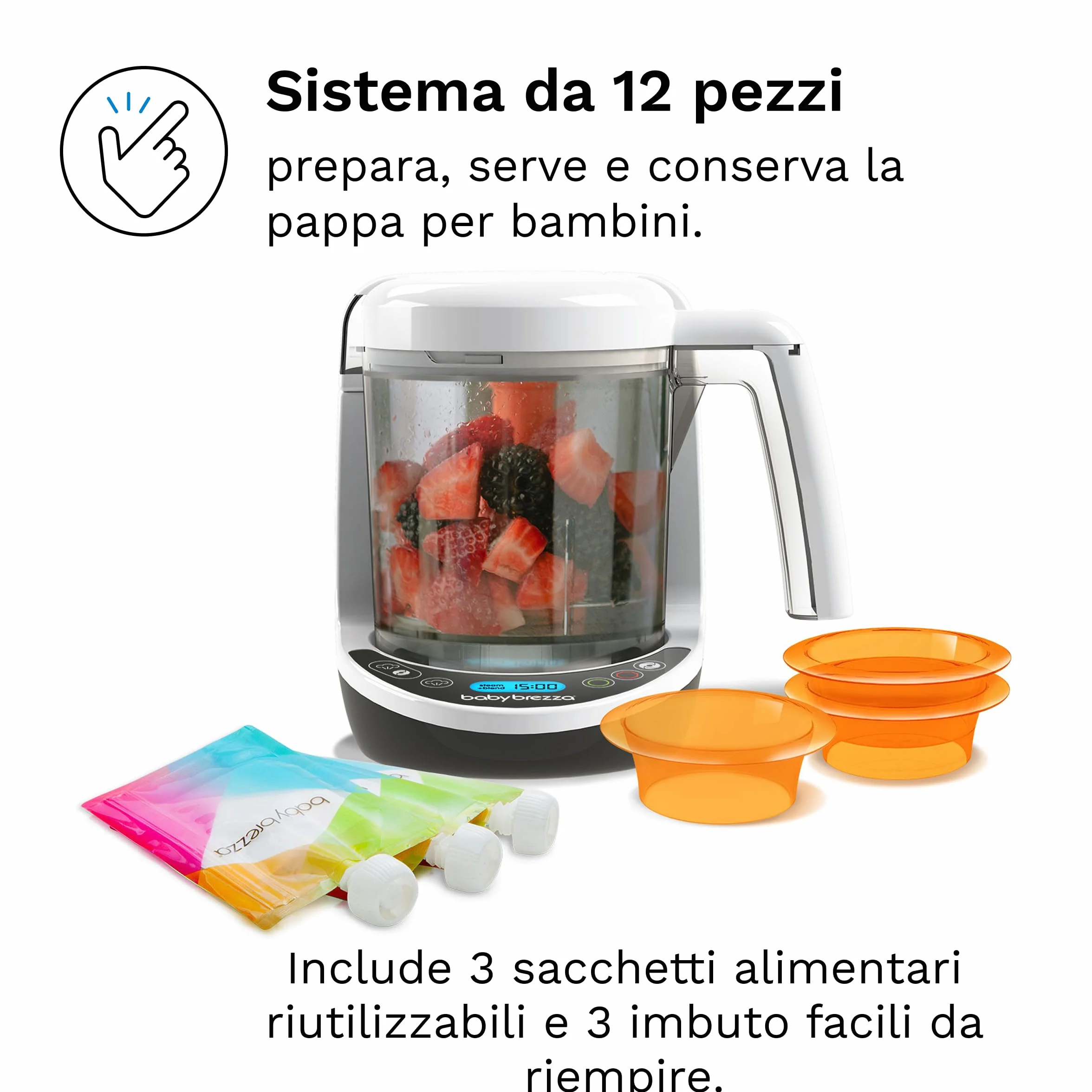 Baby Brezza Food Maker Deluxe Bianco Cuocipappa Omogeneizzatore Neonati Vapore Frullatore Pappe Spegnimento Automatico Lavabili Lavastoviglie 3 Sacchetti