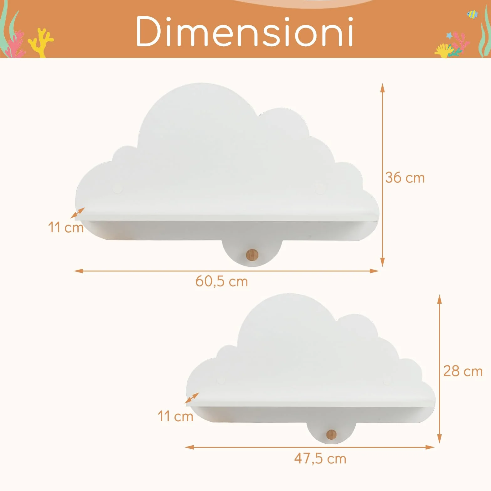 COSTWAY Set di 2 Mensole da Muro per Bambini, Libreria a Nuvole in Legno Massello con Ganci, Bianco