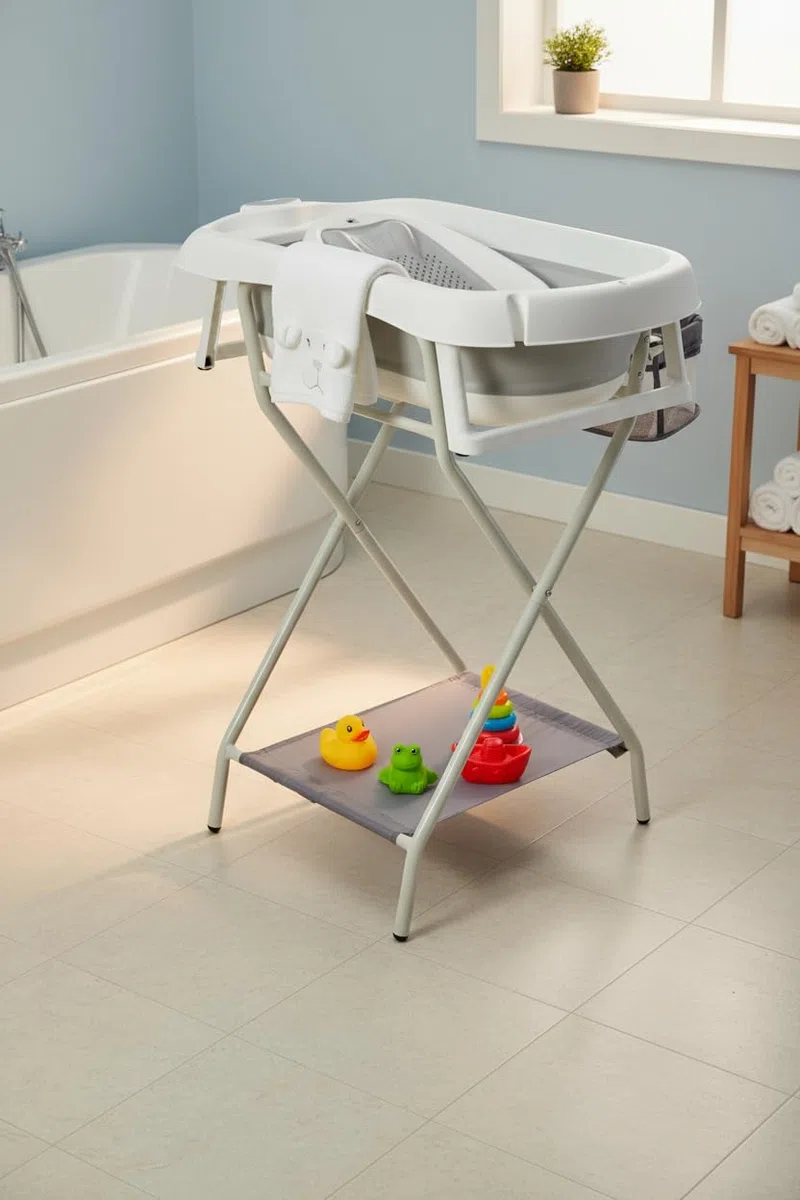 Vaschetta per il bagnetto con telaio 80 cm -Vaschetta per il bagnetto con supporto Sicura per il bambino(Grau mit Badewannenablage)