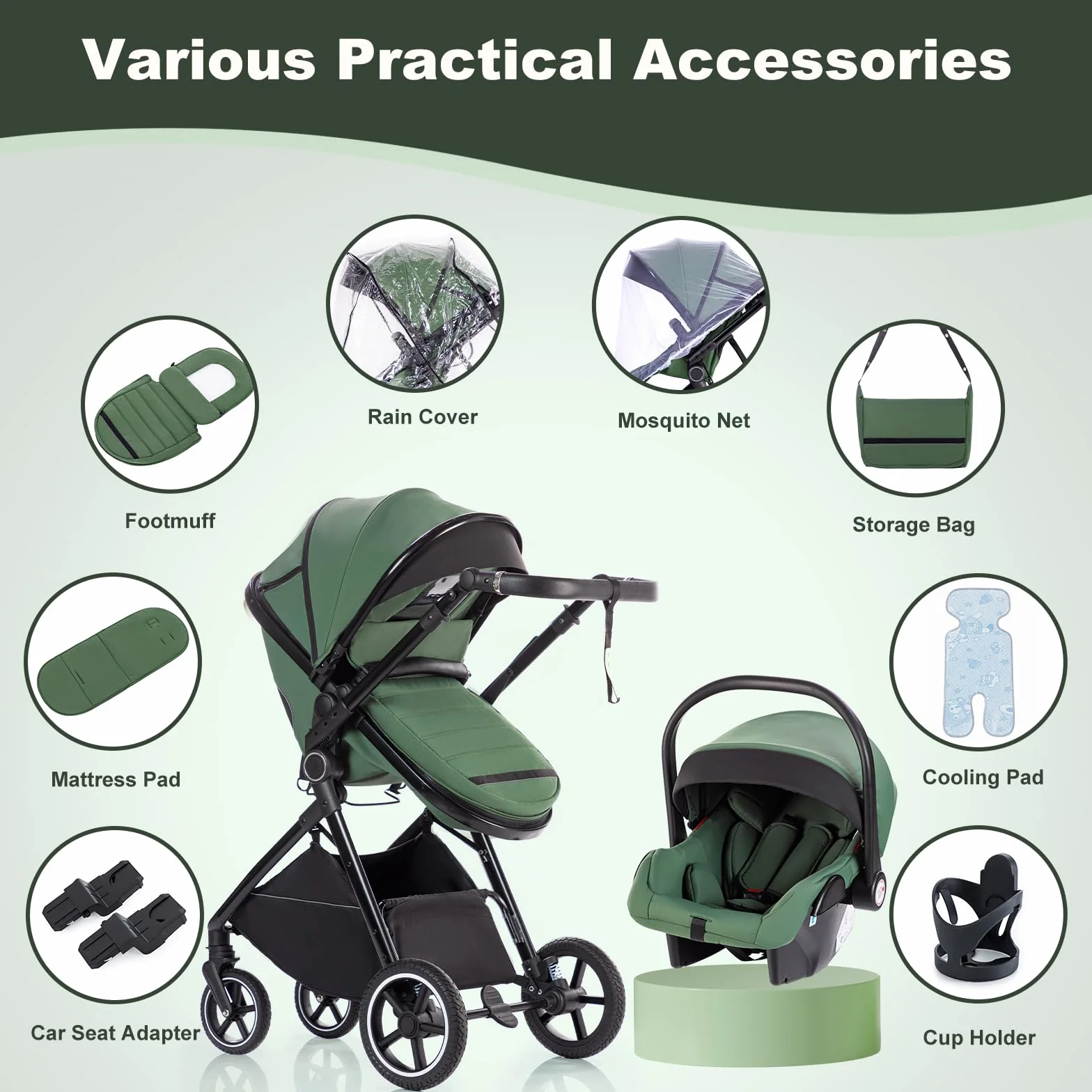 Passeggino 3 in 1 con Seggiolino Auto, Carrozzina Pieghevole, Sospensione 4 Ruote, per Neonati 0-3 Anni (15kg), Blu-Verde