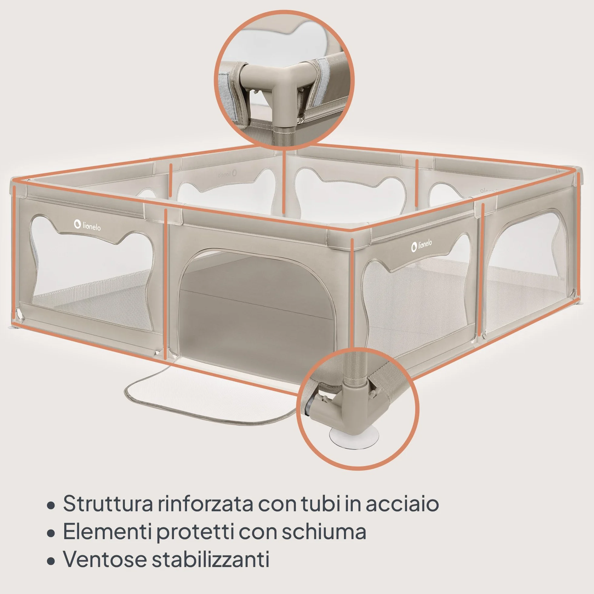 LIONELO WILLOW XL Box Pieghevole Per Bambini 0-48 Mesi Rete Traspirante 207x187 cm Beige