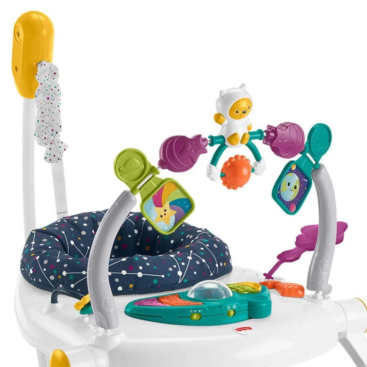 Fisher-Price GPT46 Centro attività Salvaspazio Galaxy Tema Gatto Spaziale, Sedile Saltellante, Luci, Musica Giocattolo per Bambini 6+Mesi, Imballaggio Standard