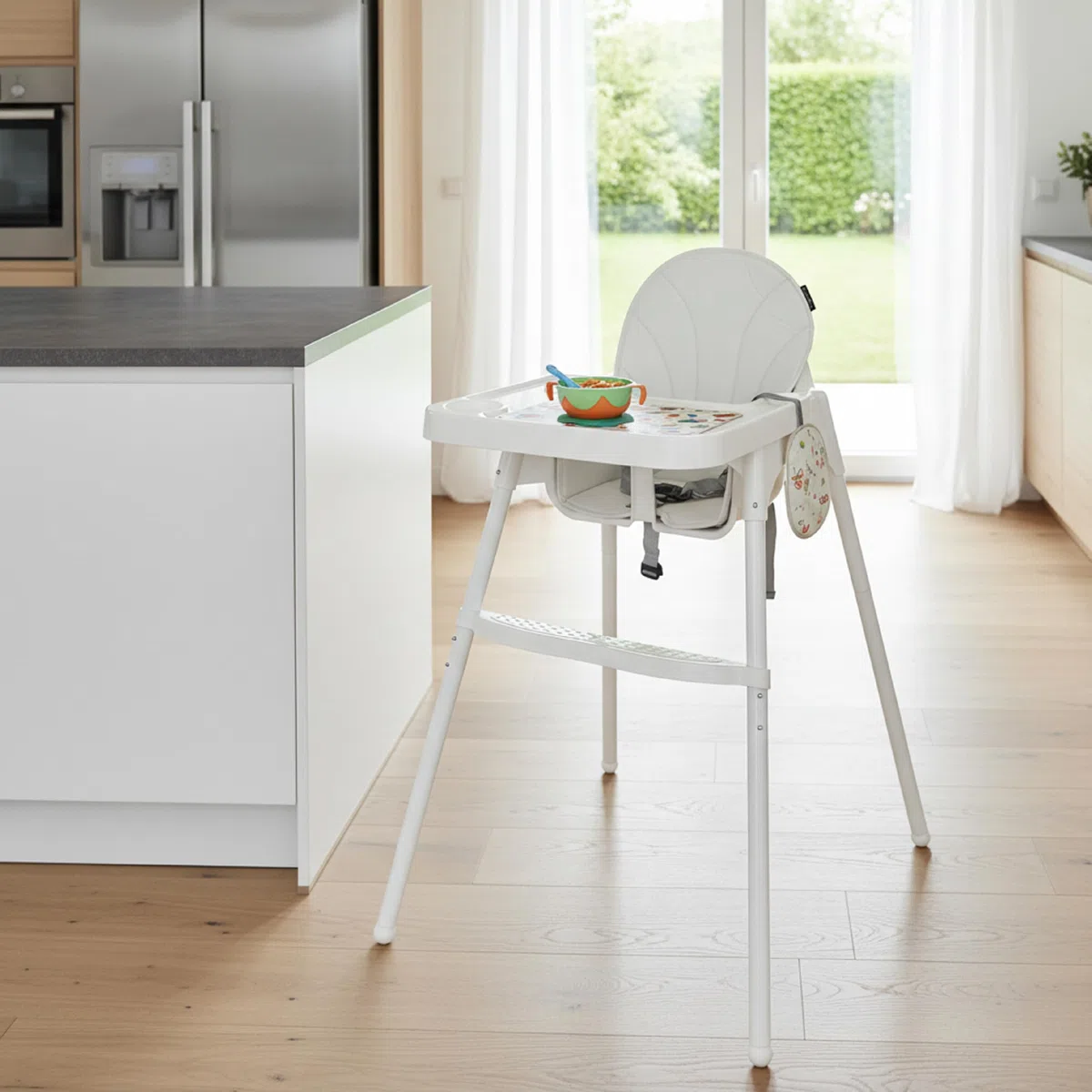 Seggiolone Pappa Bambini 2 Altezze 90/66 cm, Vassoio Removibile Regolabile, Cintura Sicurezza 3 Punti, Rivestimento Imbottito, Piedini Antiscivolo, Massimo 25 kg (Bianco)