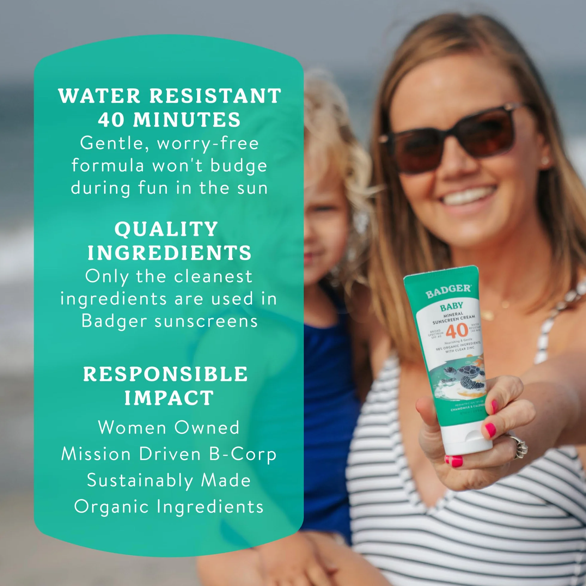 Badger SPF 40 Baby Sunscreen Cream - Reef-Friendly Broad-Spectrum Water-Resistant Baby Sunscreen with Zinc Oxide - Chamomile and Calendula, 2,9 oz