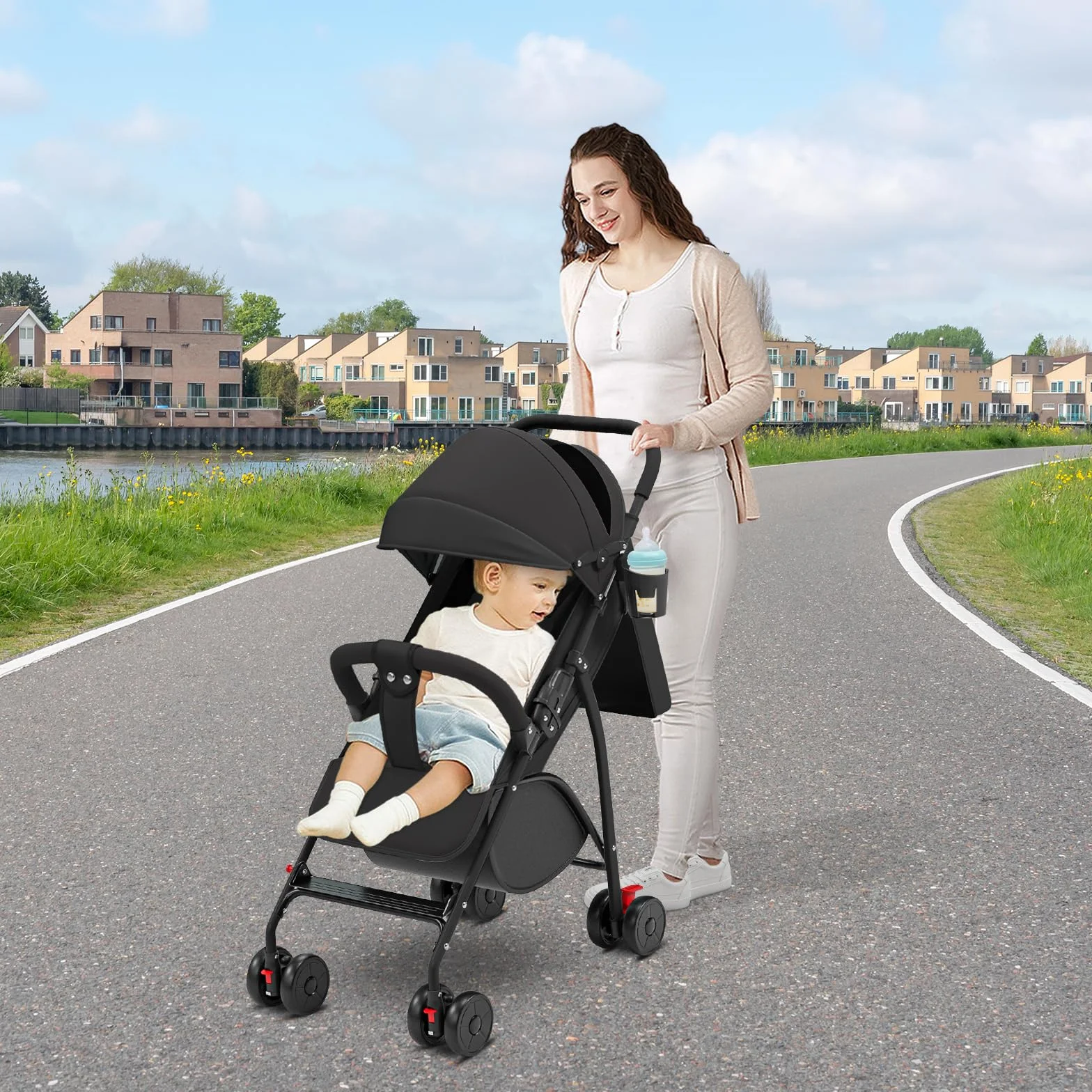 Passeggino Leggero e Compatto Pieghevole 0-4 anni 25 kg Schienale Reclinabile Piegatura Automatica 1 Passaggio Canopy C Nero