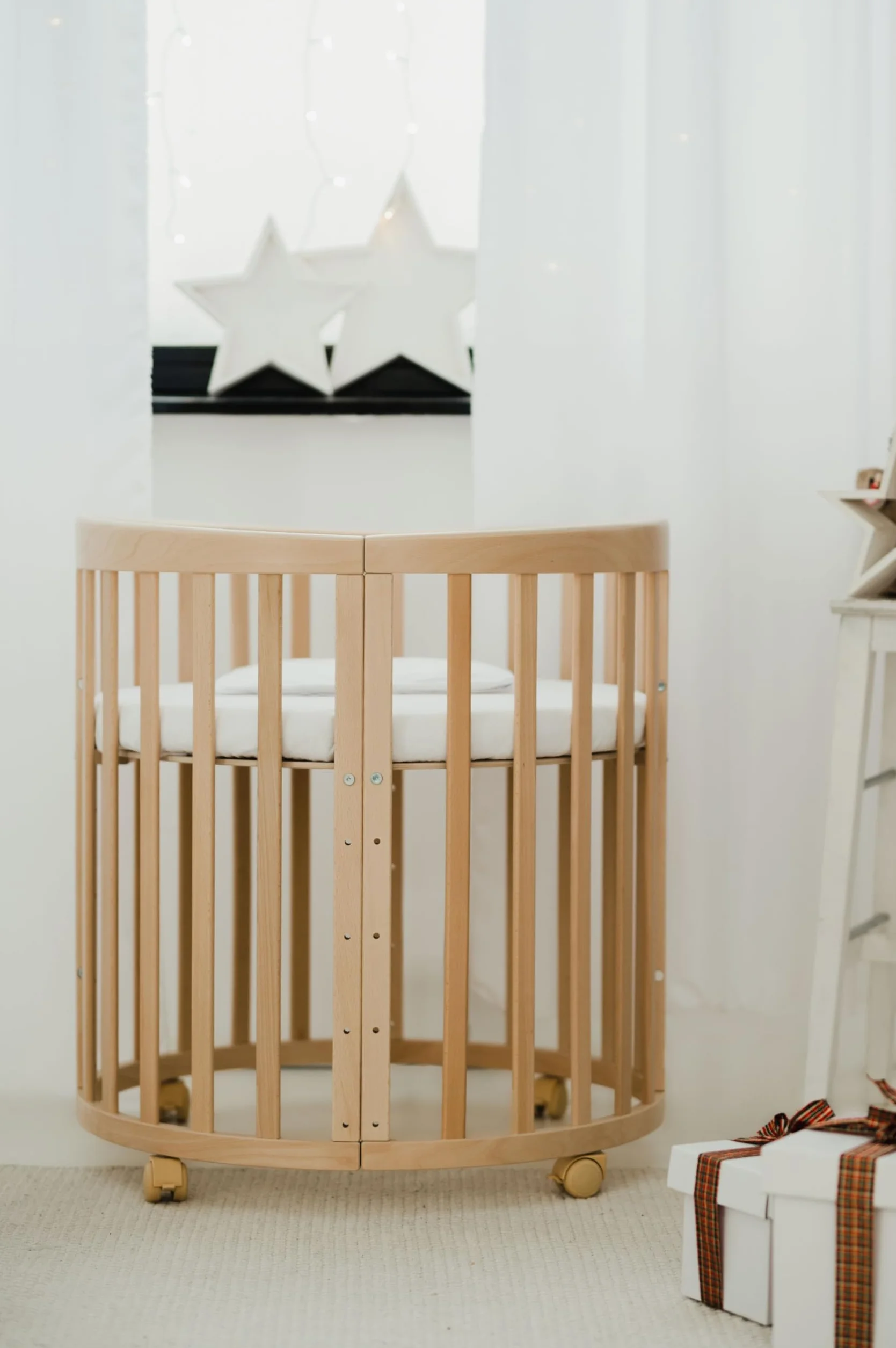 Waldin Lettino Mobile 7in1 Ovale Materasso Culla Espandibile Ventilato Base Regolabile 5 Posizioni Legno Naturale