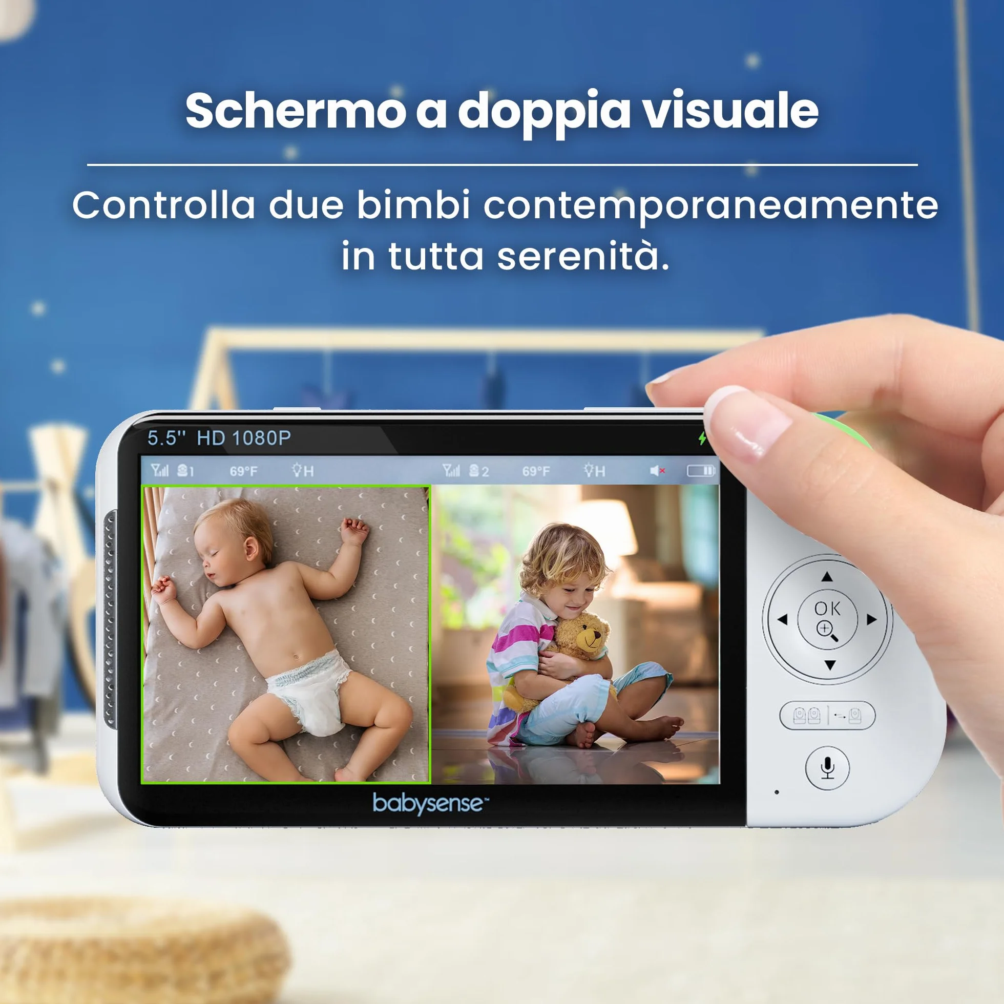 Babysense Babyphone Full HD con schermo diviso a 2 camere, luce notturna a 6 colori, rilevatore di rumori e luci, batteria da 20 ore, connessione sicura senza WLAN