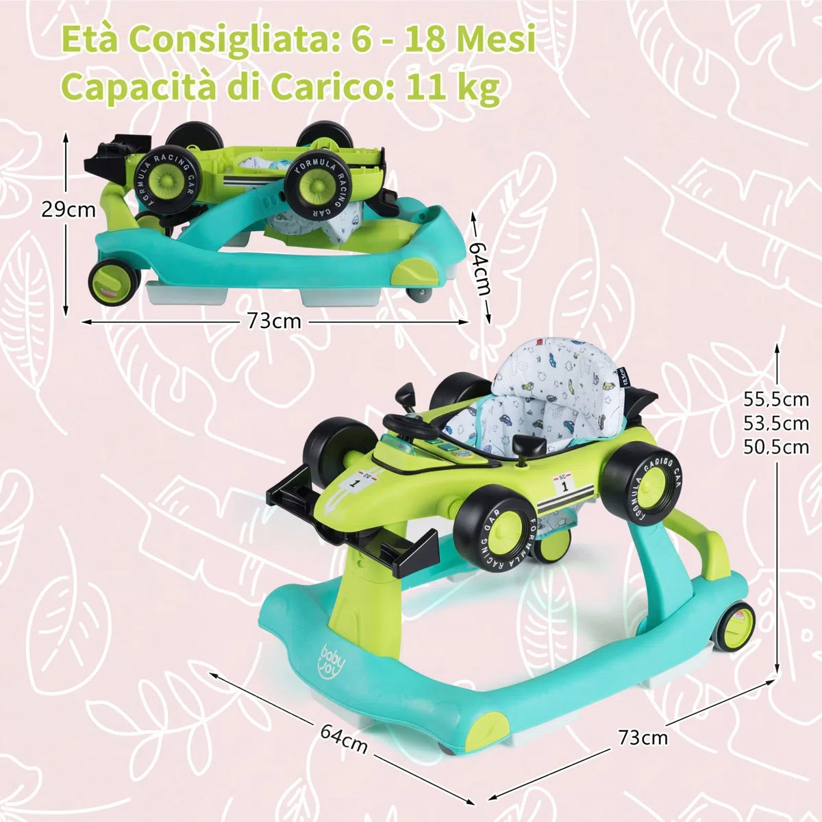COSTWAY Girello per Bambini 4 in 1, Girello Pieghevole con Altezza e Velocità Regolabili, Carillon con Luci, Volante, Primi Passi per Bambini 6-18 Mesi, Portata 12 kg (Verde)