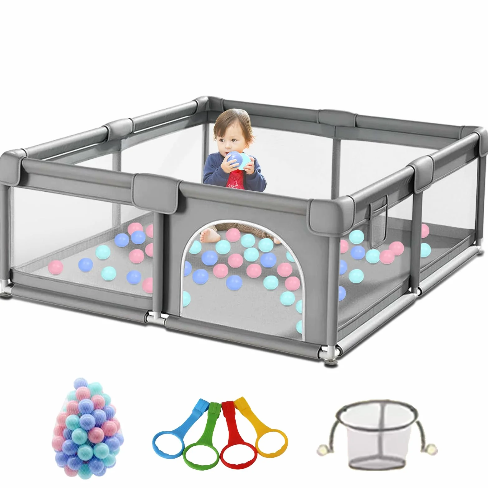 Recinto Gioco Pieghevole 160×120 cm Grigio per Neonati | Dotato di sacco portapalle e anelli tira su, pratico e sicuro per bambini