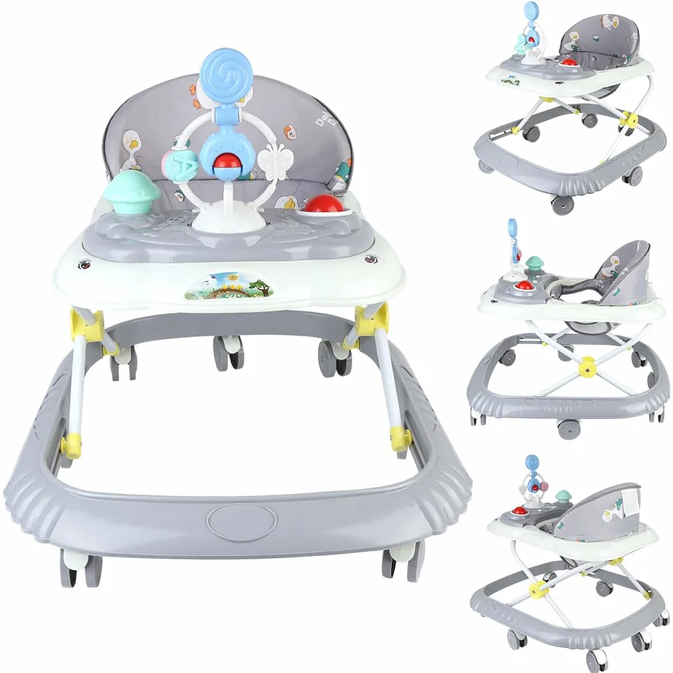 Girello 4 in 1, girello pieghevole per bambini con vassoio di gioco interattivo con suoni, base anti-ribaltamento, deambulatore ruote in silicone e 4 posizioni di altezza, da 6 a 18 mesi (grigio-67 x