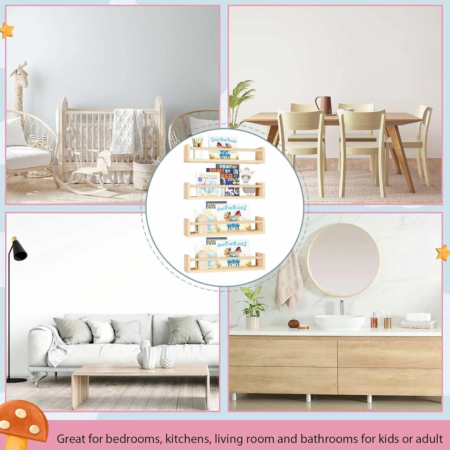 Libreria sospesa parete legno massiccio 41,5 cm set 3 pezzi per cameretta bambini