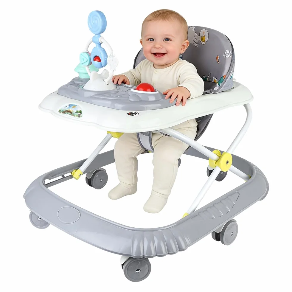 Girello 4 in 1, girello pieghevole per bambini con vassoio di gioco interattivo con suoni, base anti-ribaltamento, deambulatore ruote in silicone e 4 posizioni di altezza, da 6 a 18 mesi (grigio-67 x