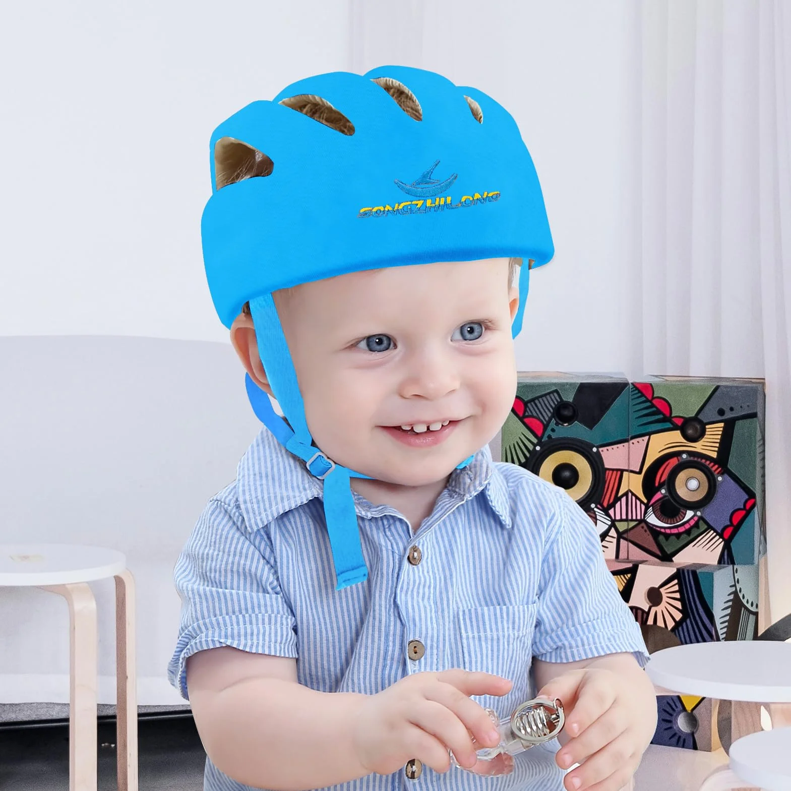 IULONEE Casco Bambino Neonati Cappello di Testa Cotone Regolabile Sicurezza Blu