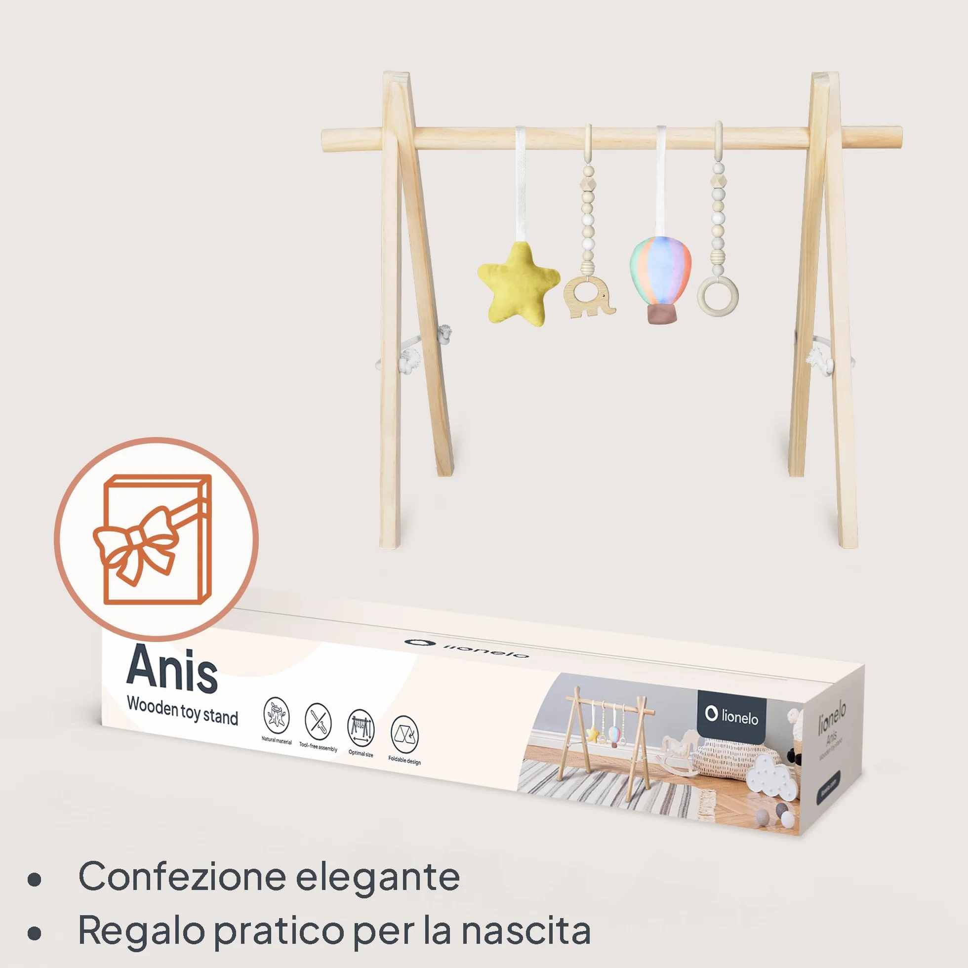 Lionelo Anis Palestrina Legno Baby Gym Giochi Rimovibili Pieghevole Centro Attività Neonato Giocattolo Montessori
