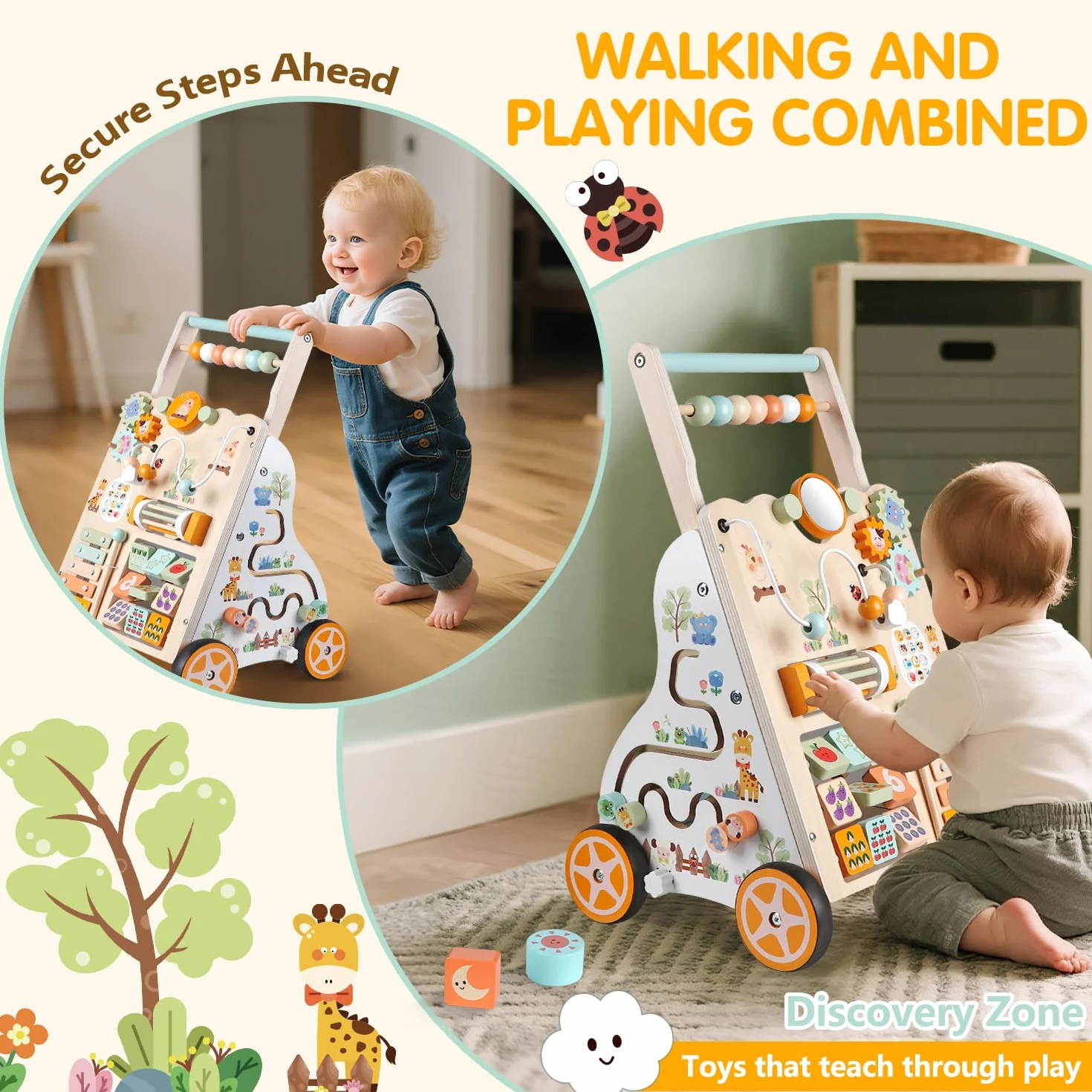 Carrello Primi Passi in Legno Montessori Girello con Centro Attività Altezza e Velocità Regolabili per Bambini 12+ Mesi (Naturale)
