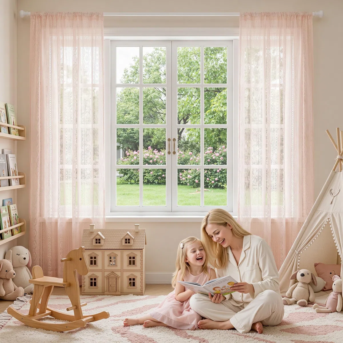 MYSKY HOME - Tende in pizzo per camera dei bambini per ragazze — Tende rosa per soggiorno e camera da letto, trasparenti, stile rustico, con tasca per asta, set da 2 pezzi, colore: rosa, 260 x 140 cm