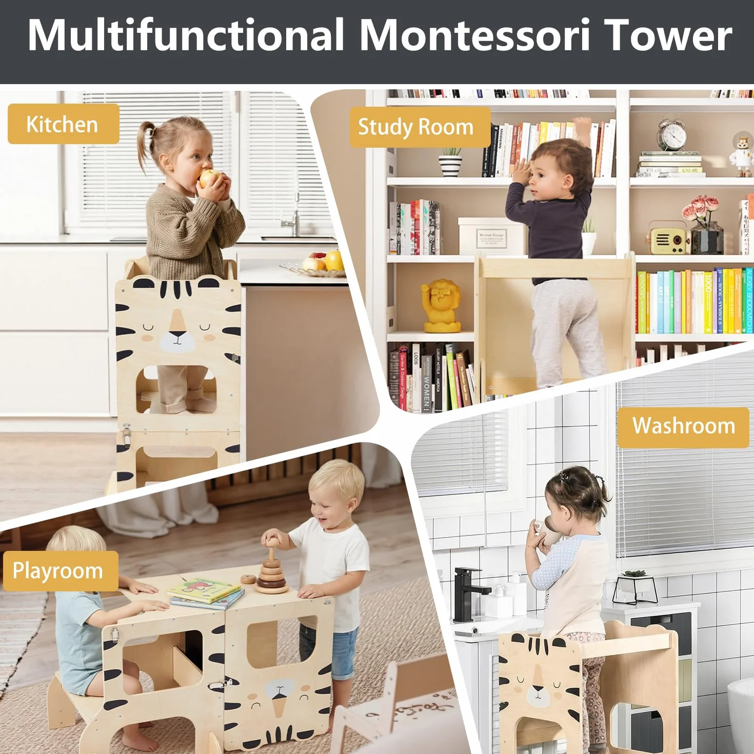 Labebe Torre Montessoriana Pieghevole in Legno 3 in 1 per Bambini con Lavagna