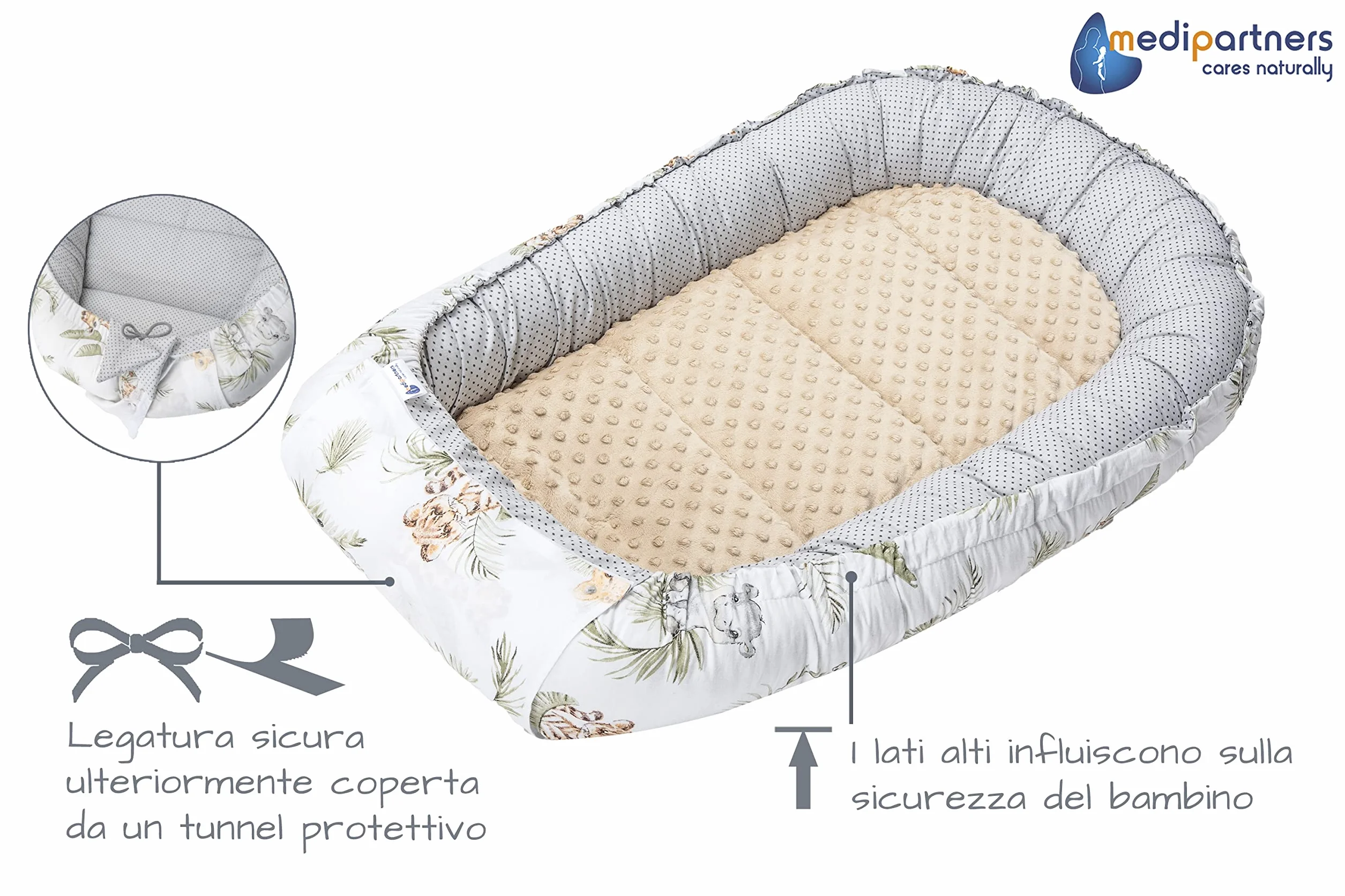 Medi Partners Riduttore Lettino Neonato 100x60x15 Nido Antisoffoco 5-Parti Bozzolo Culla Bebè Cuscino 100% Cotone Safari Minky beige