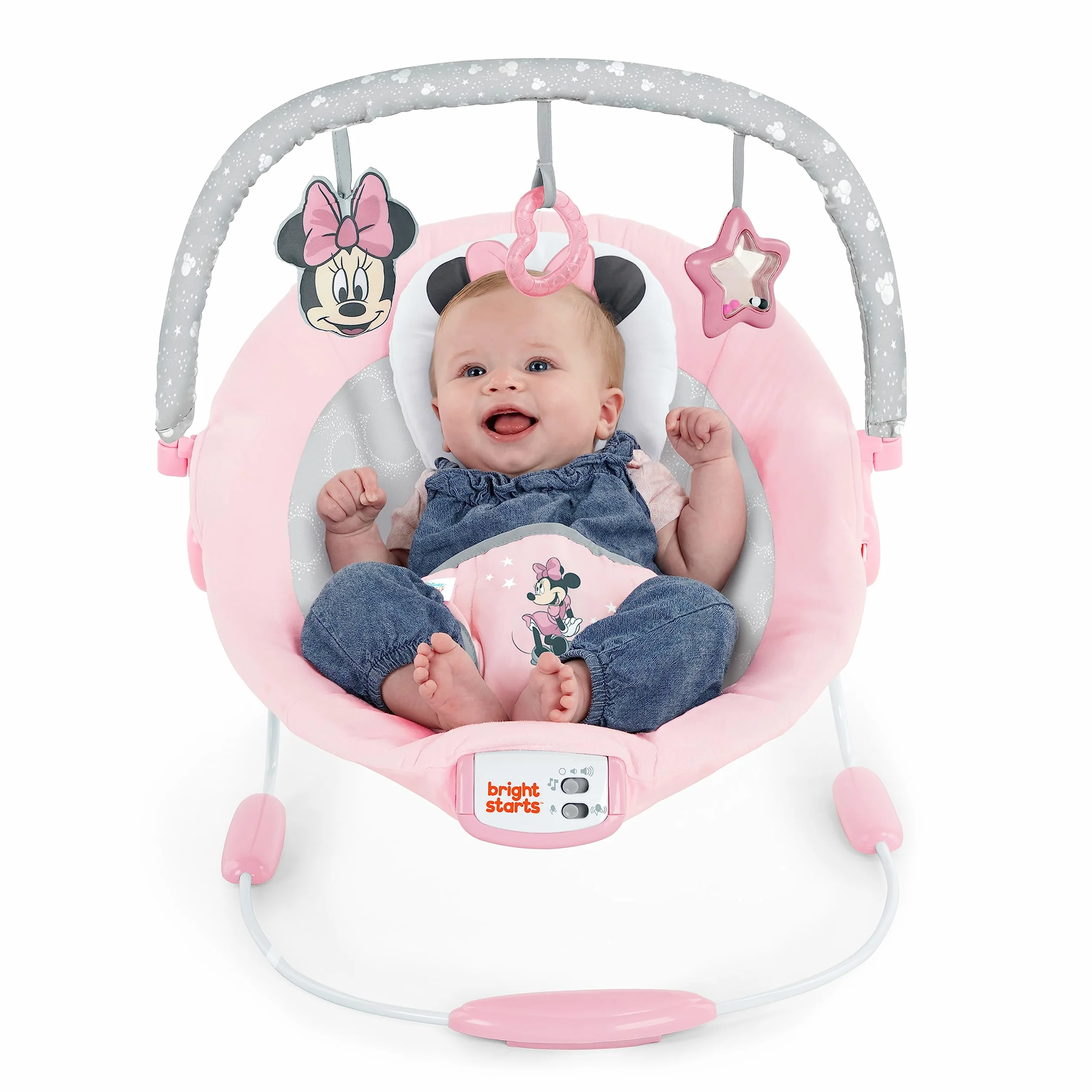 Bright Starts, Minnie Mouse Seggiolino Comodo Vibrante per Neonati - Musica, Barra Giocattoli Rimovibile, 0-6 Mesi Fino a 9 kg (Rosy Skies)