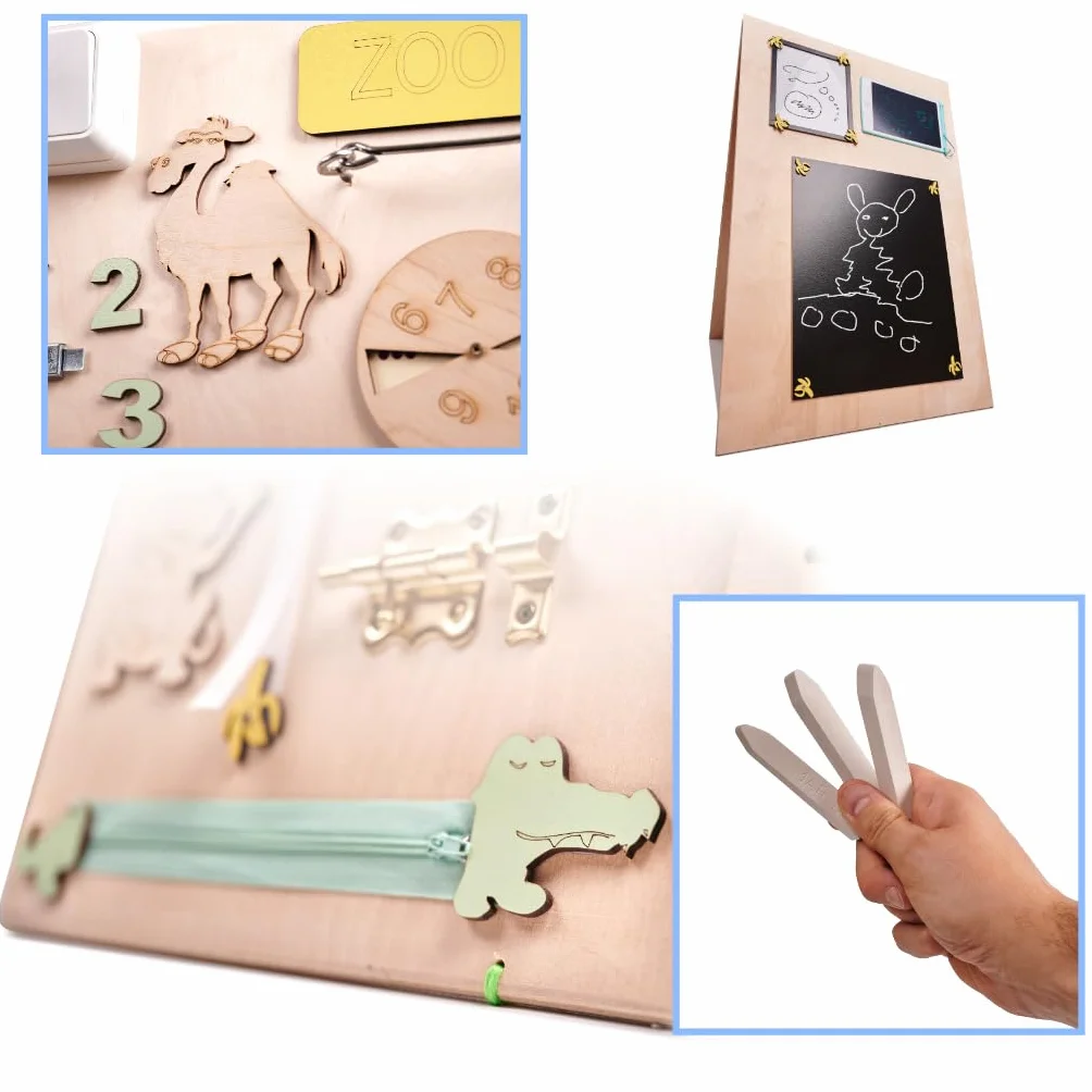 Leo - Quadro di attività sensoriale Montessori Busy Board in legno autoportante double face naturale Zoo 75 cm