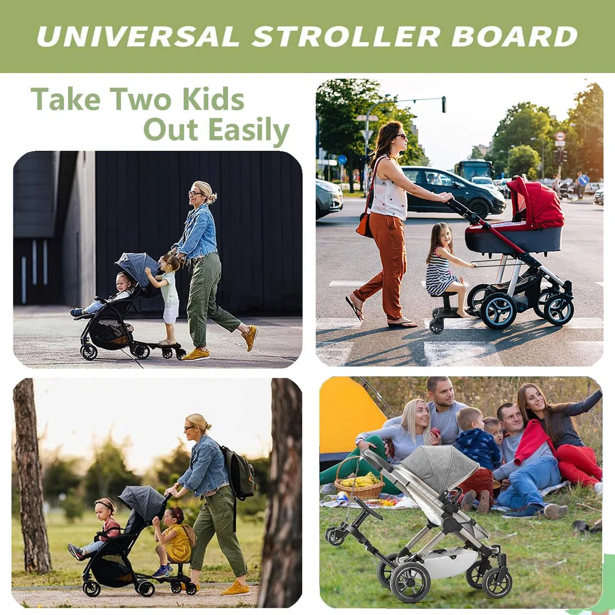 Pedana Passeggino Universale con Sellino,Tavolette Portatili per Passeggini Adatto al 99% dei passeggini, Design a Due Ruote a 360°, Sopportare un peso di 25 kg (Ruote nere)