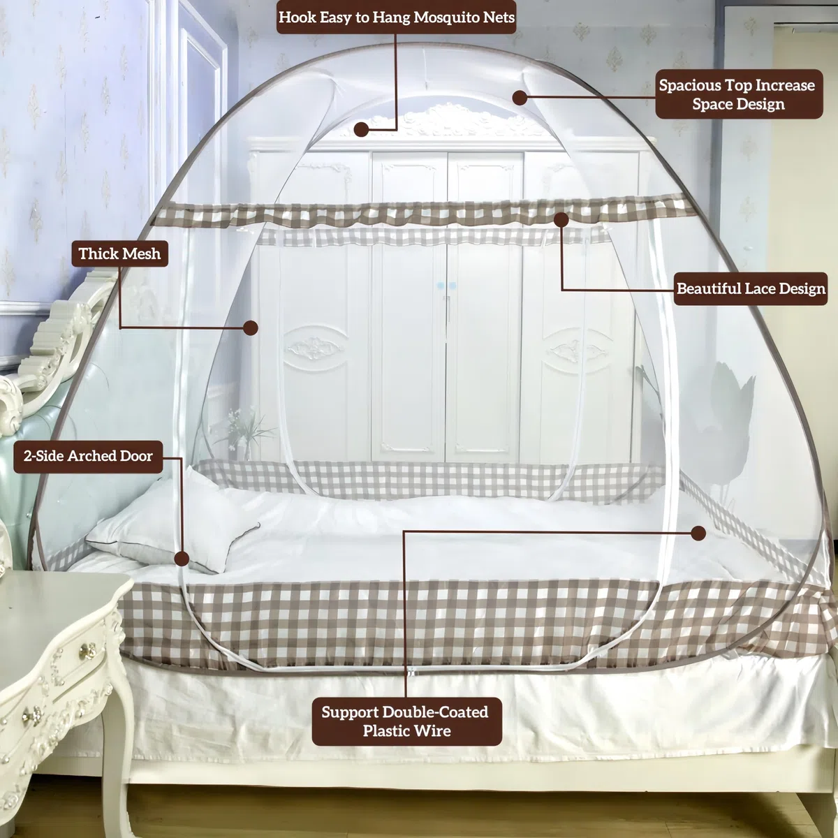Digead Pop-up Zanzariera a Cupola per Letto Matrimoniale, 120x200 cm con Doppia Porta, Leggera e Traspirante in Poliestere Misto, Pieghevole e Portatile per Casa Viaggio Campeggio - Bordo Marrone