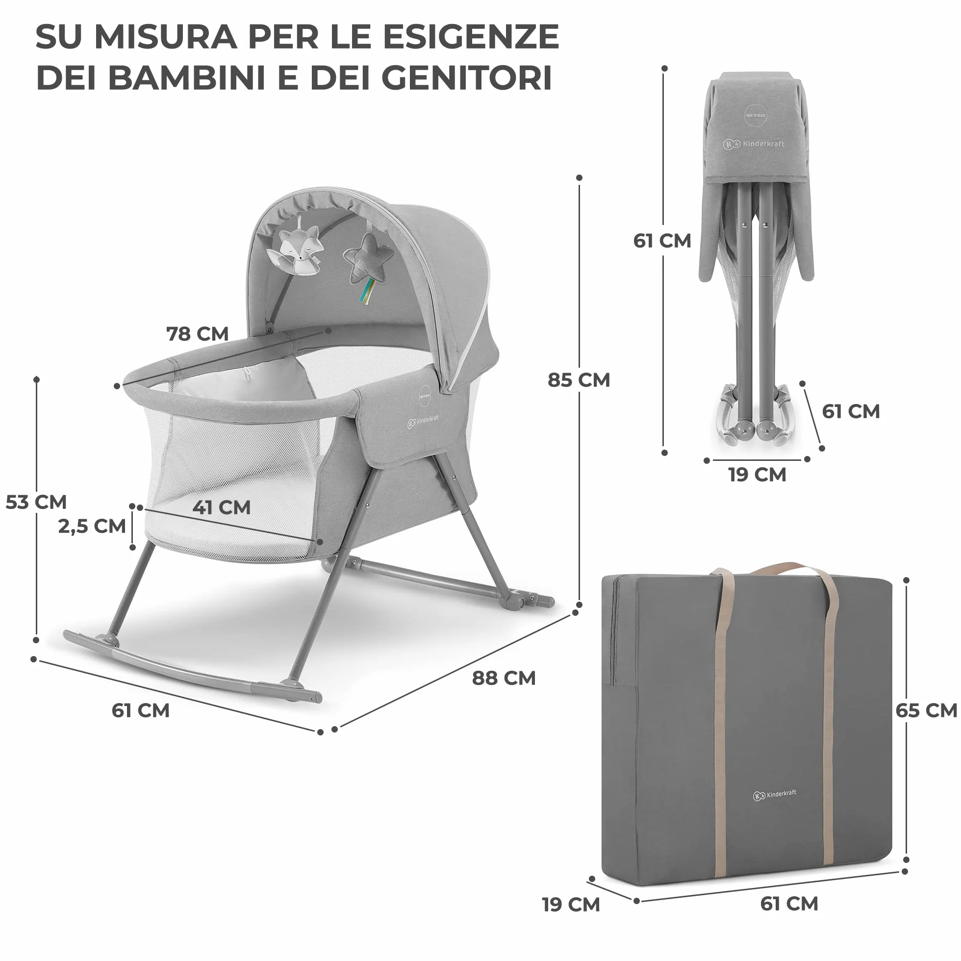 Kinderkraft LOVI Lettino da Campeggio Pieghevole per Neonati 0-9 kg Grigio