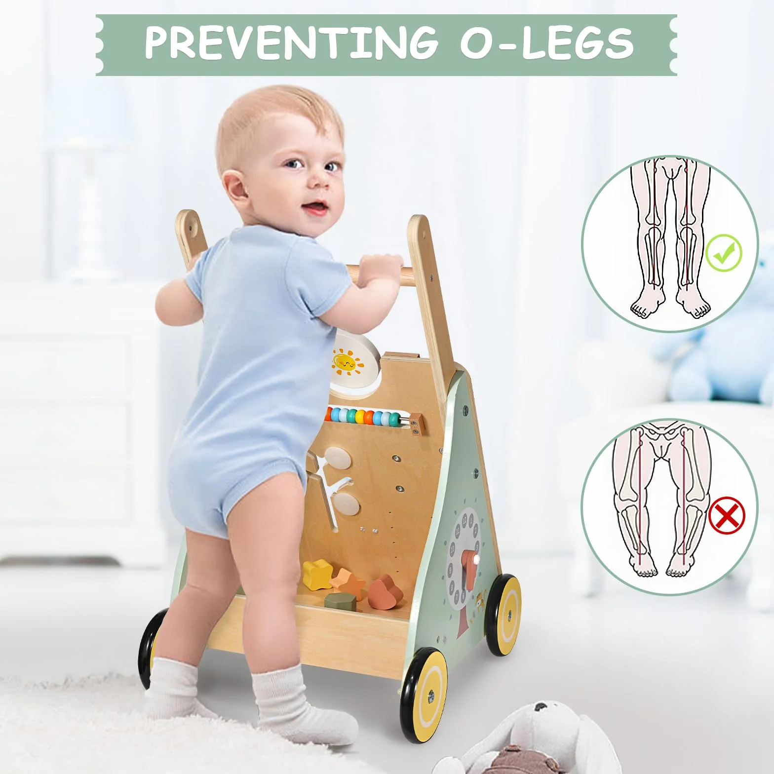 Girello per Bambini di Legno, Carrello Primi Passi Legno con 8 Giochi Interattivi, Giocattoli Bambino 1 Anno, Primi Passi per Bambini, Baby Walker Regali di Natale e Compleanno