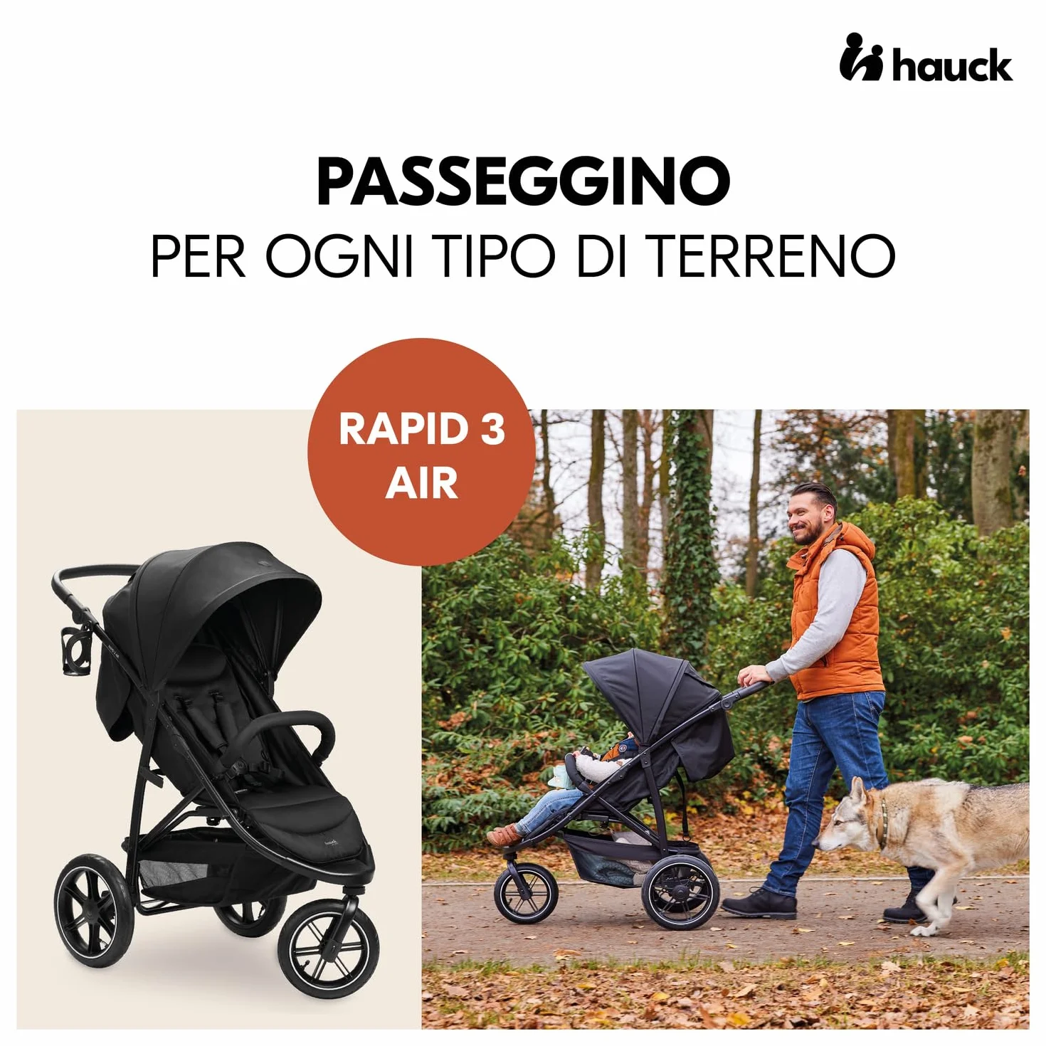 Hauck Rapid 3 Air Nero Passeggino 3 Ruote Gonfiabili Ammortizzate dalla Nascita fino a 22 kg Schienale Reclinabile Maniglione Regolabile Cappotta UPF 50+ Cesto Portoggetti Pieghevole