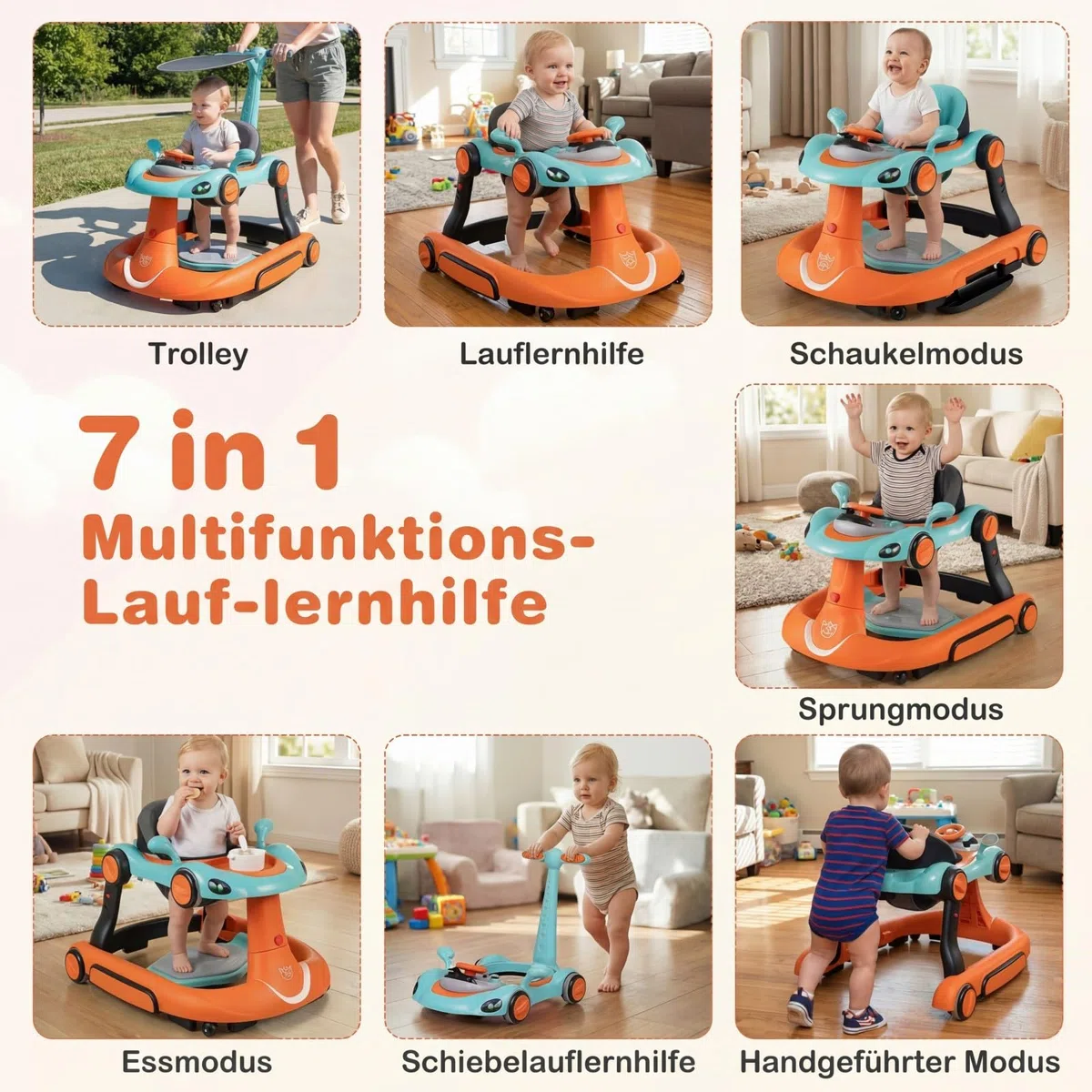 GIANTEX Girello per Bambini 7-18 Mesi 7 in 1, Baby Walker con Tettuccio, Vassoio di Giochi, Carillon, Luci, Primi Passi Piegevole, Altezza e Velocità Regolabili, Carrello da Spinta (Arancione + Verde)