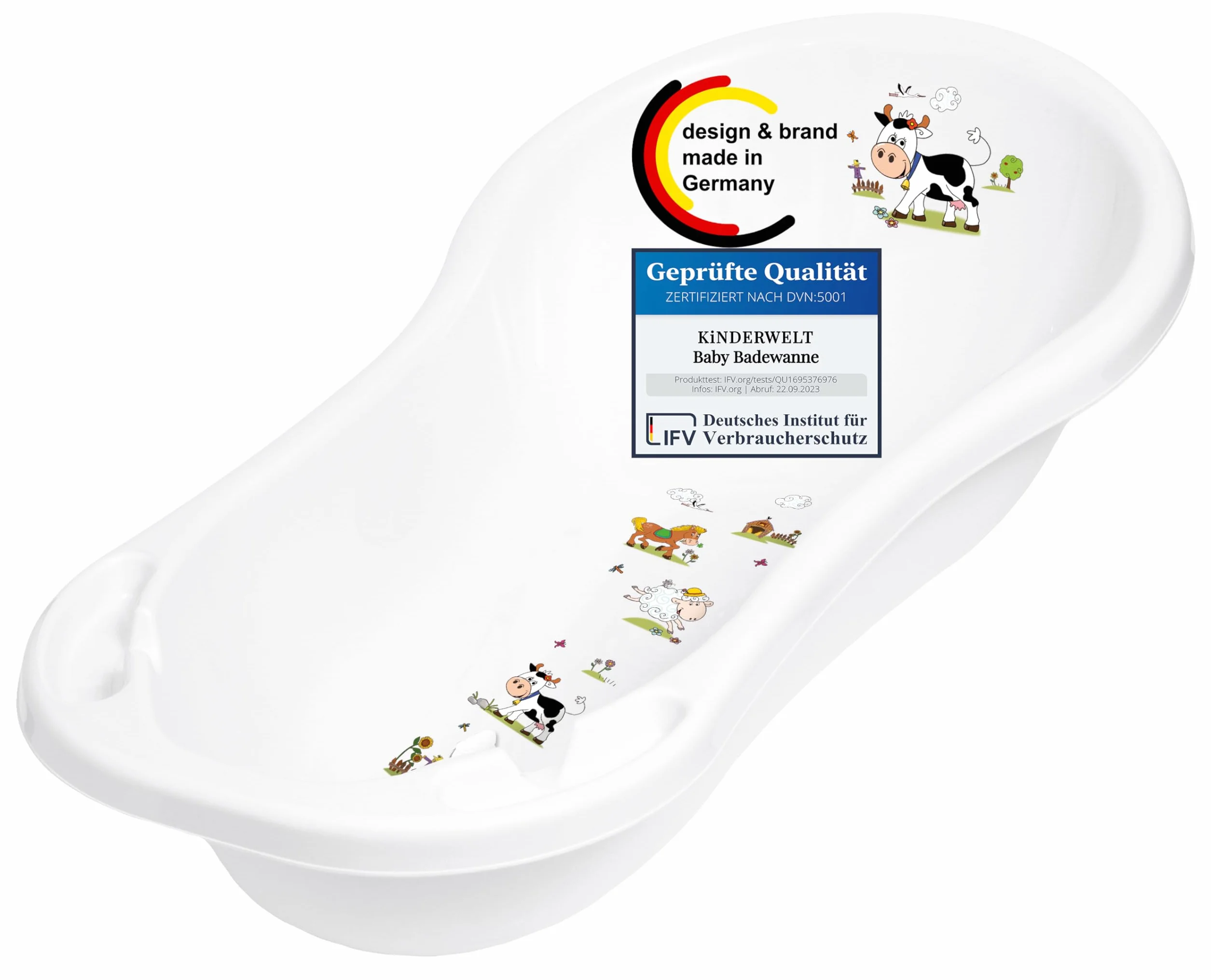 Baby Vasca da Bagno XXL 100 cm Funny Farm Bianco per Neonato con Spine