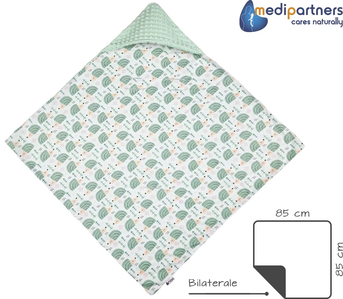 Medi Partners Coperta 100% Cotone 85x85cm Bifacciale Multifunzionale Minky Morbida e Accogliente con Cappuccio per Passeggini Marsupio