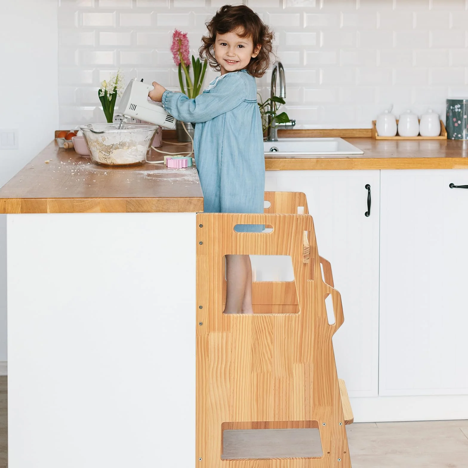FUNLIO Torre Montessoriana Bambini con Rete Sicurezza, Regolabile 3 Livelli, Torre di Apprendimento