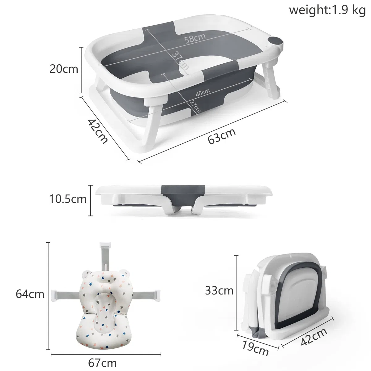 Vaschetta Bagnetto Neonato Vasca Bagno Pieghevole Neonati Bambini Supporto Riduttore Cuscino Materassino 1-3 Anni Baby Sdraietta Bacinella Tappetino Bambino Tinozza Bimbi Salvaspazio Portatile Grigio