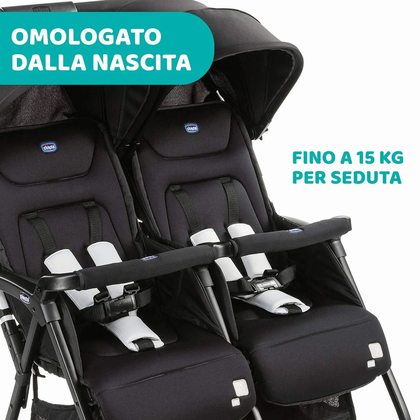 Chicco OHlalà Twin Passeggino Gemellare Doppio Leggero Reclinabile Pieghevole Chiusura Compatta Nero