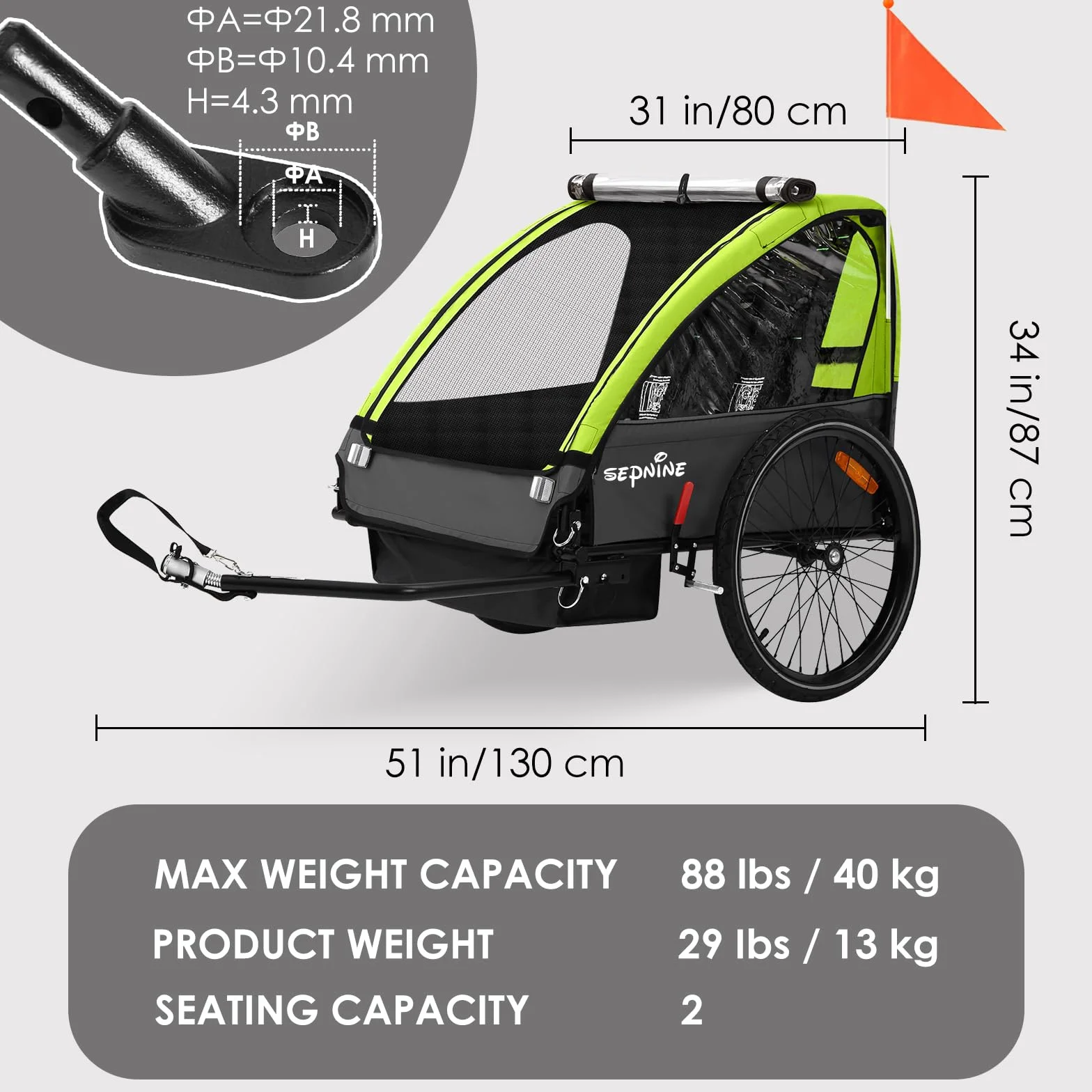 SEPNINE Rimorchio per bambini, a due posti, per fuoristrada, cinture di sicurezza integrate, pieghevole con freno a mano, per 1-2 bambini, max. 40 kg