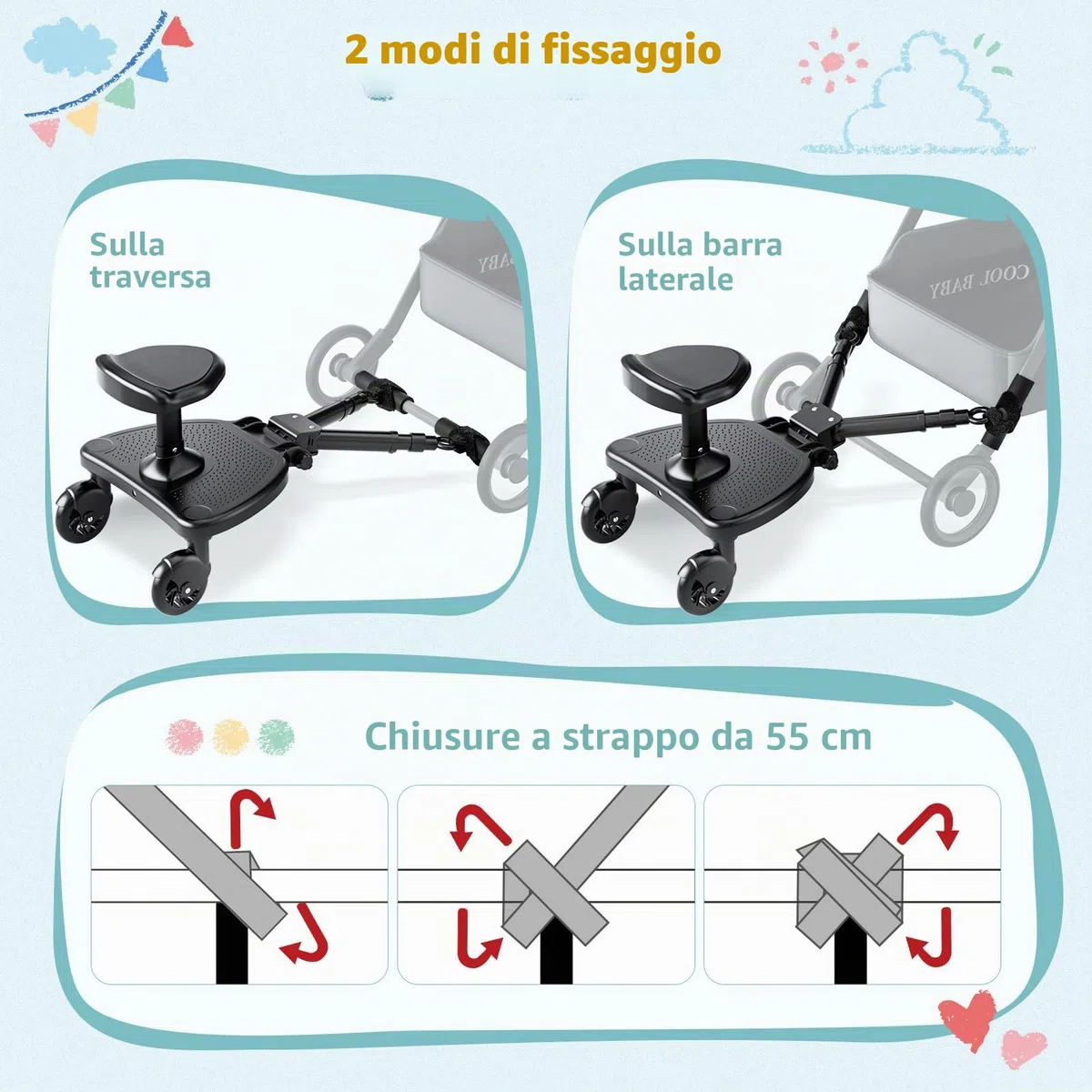 Pedana Passeggino Universale, Tavola per Bambini con Sedile più Ampio e Confortevole e Zone di Poggiapiedi più Ampie, Compatibile con il 99% Delle Carrozzine, Portata 25 kg