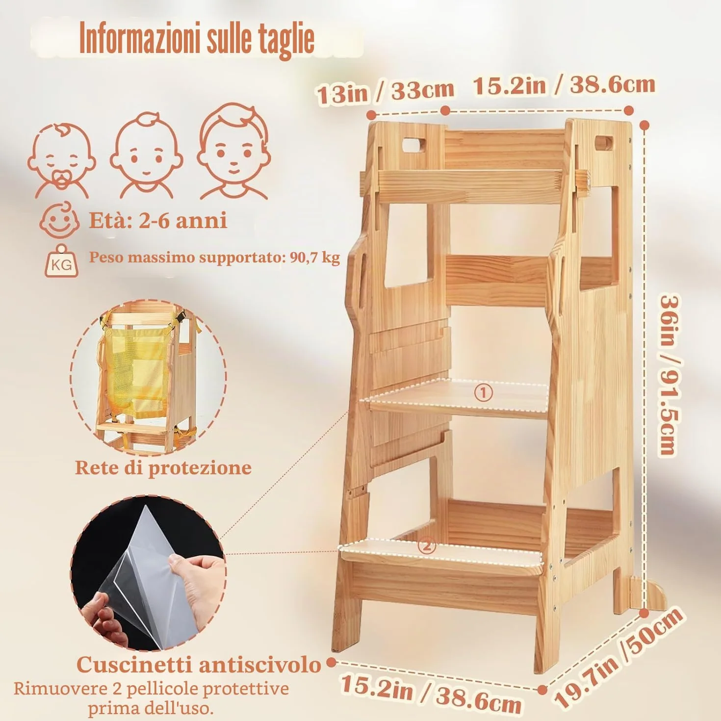 FUNLIO Torre Montessoriana Bambini con Rete Sicurezza, Regolabile 3 Livelli, Torre di Apprendimento