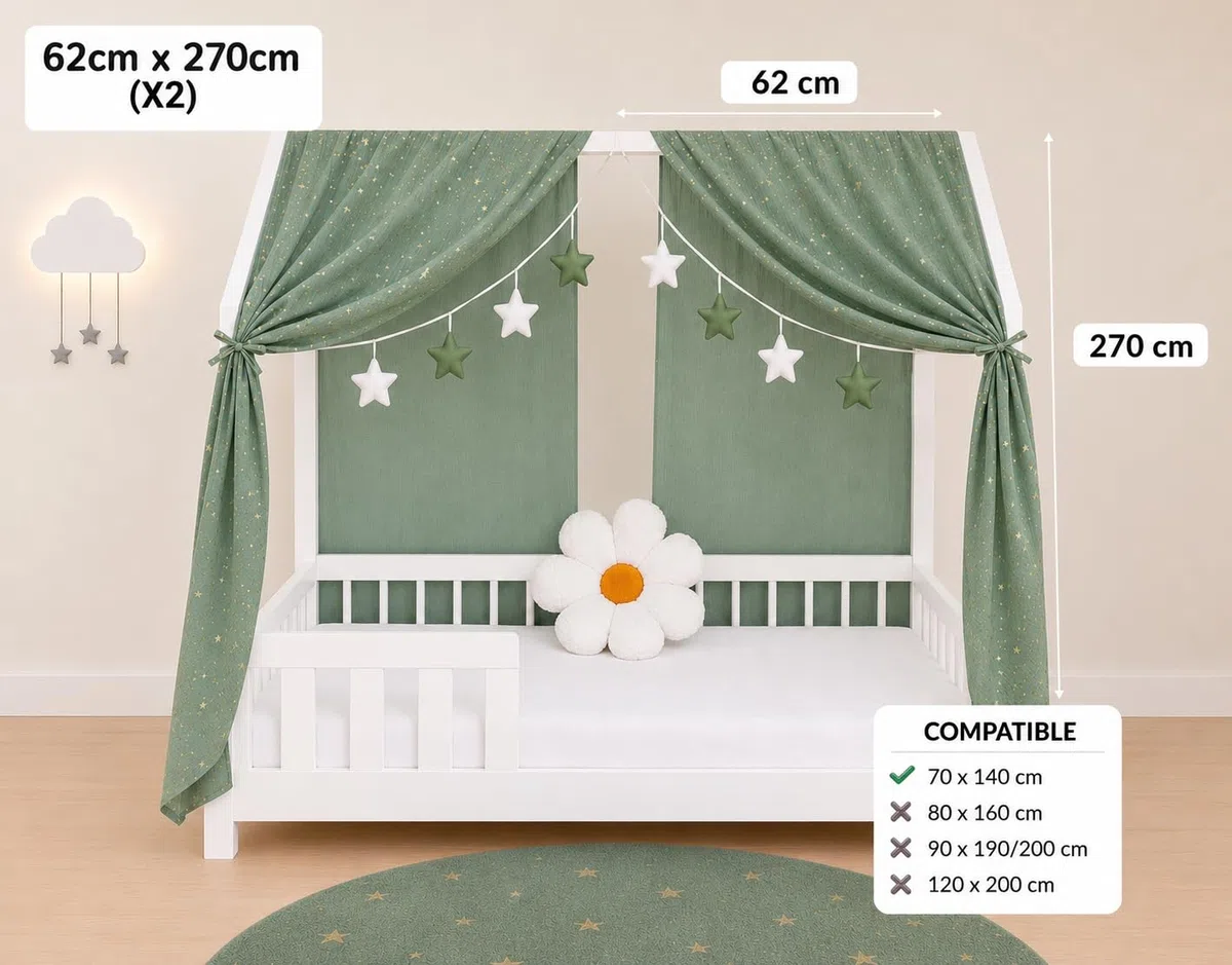 YellowNest Tenda per Letto Montessori (2 Pezzi) - Tenda Letto Bambini per Letto 70x140cm - 100% Mussola di Cotone - Senza Ghirlanda (Eucalipto, 62 x 270 cm (2 Pezzi))