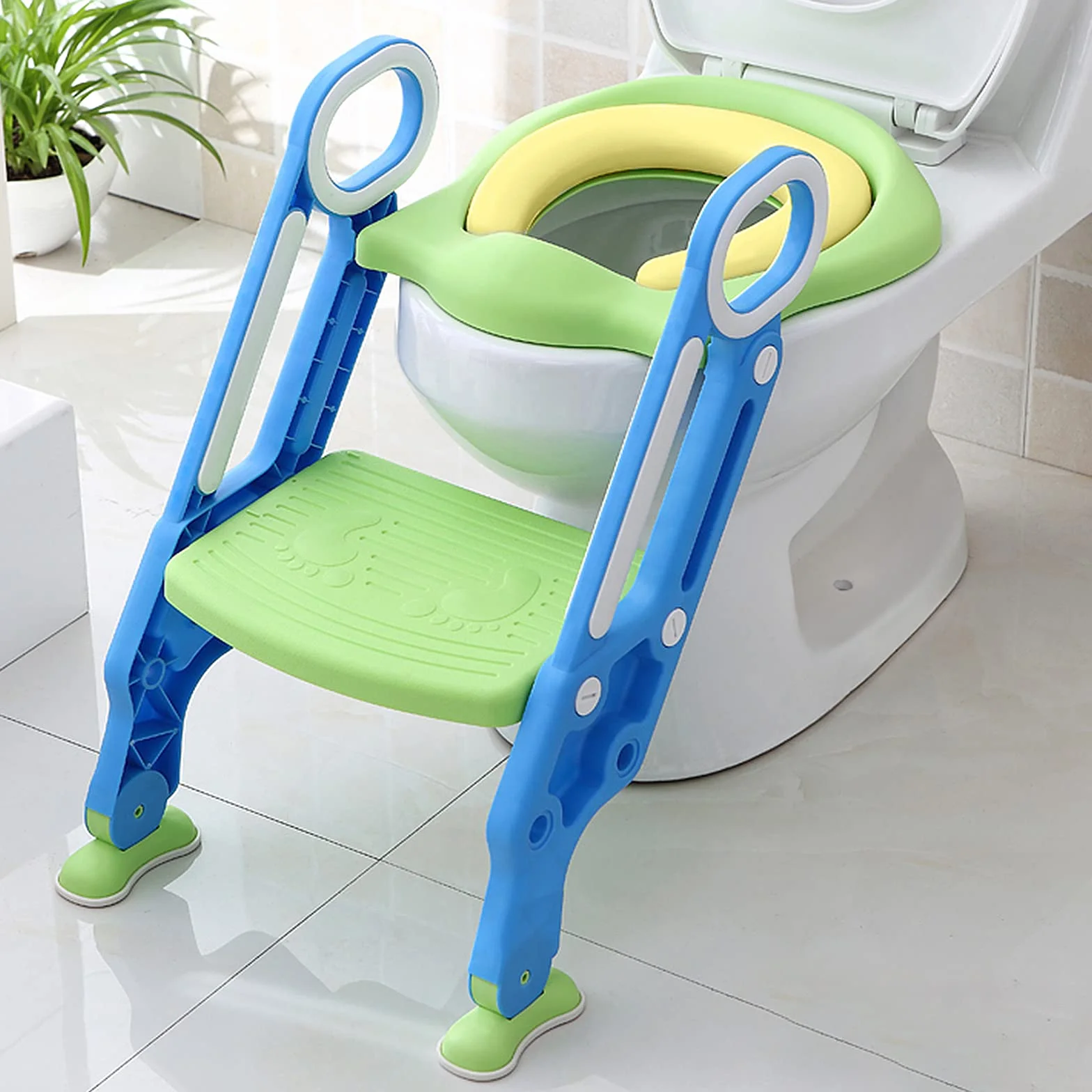 Sedile per WC per Bambini con Scale, Aufun Toilet Trainer Scaletta Pieghevole Vasino per Apprendimento con Scale Sedile per WC per Bambini con Cuscino Imbottito in PU e Manici per Vasino(Blu e verde)