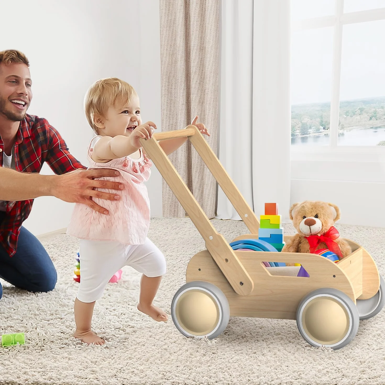 Girello per Bambini di legno, Carrello Primi Passi Legno per Bambini e Bambine, Activity Baby Walker, Toddler Push & Pull Toys, Primi Passi Regalo per Compleanno Natale, Naturale