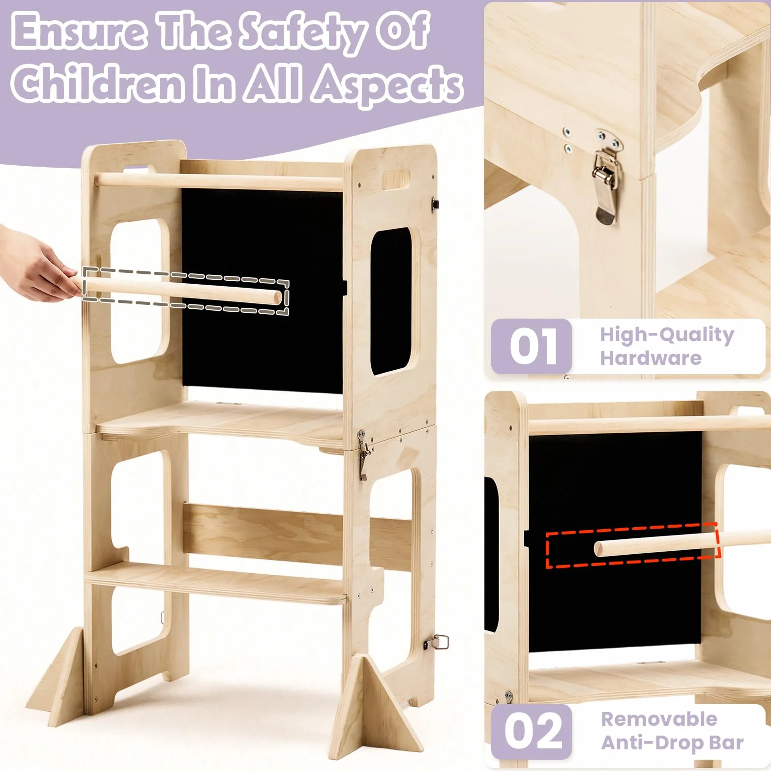 Labebe 4 in 1 Pieghevole Torre di Apprendimento Montessori per Bambini con Lavagna Nera Legno Anti-Ribaltamento 18 Mesi