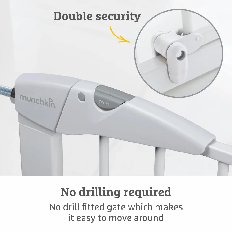 Munchkin Stair Gate Maxi Secure Toddler Baby Gate 76-82cm Extends 117cm Pressure Fit Safety Gate Doorways No-Screw Install White