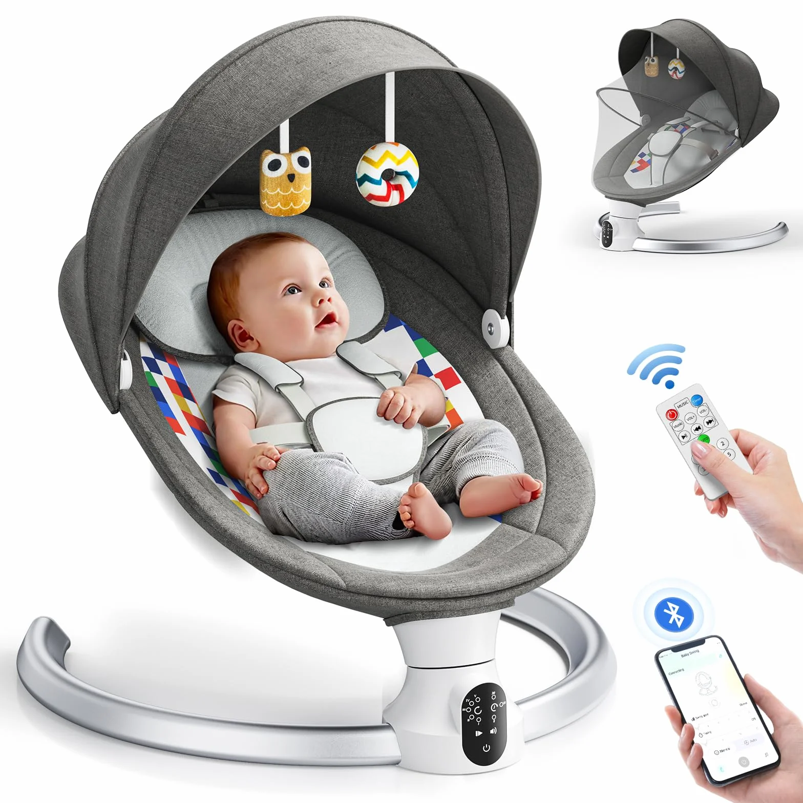 Operazione APP Sdraietta Neonati,Imbracatura a 5-Punti Migliorata Altalena Neonato Elettrica con 3 Timer,5 Velocità di Altalena,10 Musiche, Sdraietta Neonati Bluetooth Imbottita Morbida 0-9kg