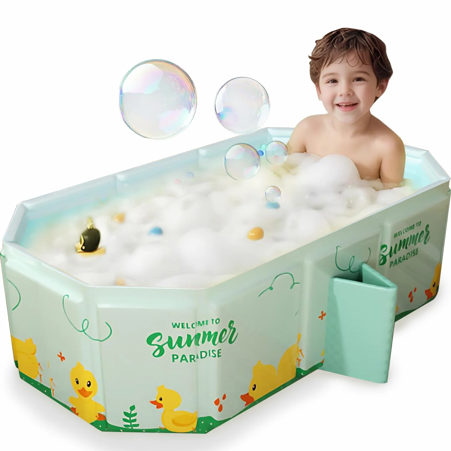 Vaschetta Bagnetto Neonato Pieghevole, Viaggio per Bambini Piccoli con 5 Palline 4 Anatre, Bagno Integrata per Bambini con Vite di Scarico per Bambini da 0 a 8 Anni, Green