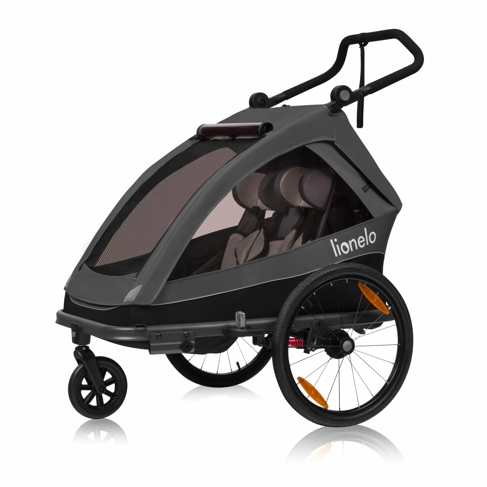 LIONELO CAMA Rimorchio per bicicletta 2 in 1 con funzione passeggino per 2 bambini 22 kg sospensioni ruote grandi tettuccio impermeabile