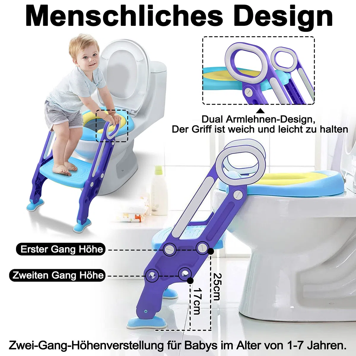 ACXIN Sedile WC per bambini con scale, vasino pieghevole, addestratore per WC regolabile con cuscino in poliuretano e maniglia, vasino per bambini, blu e viola
