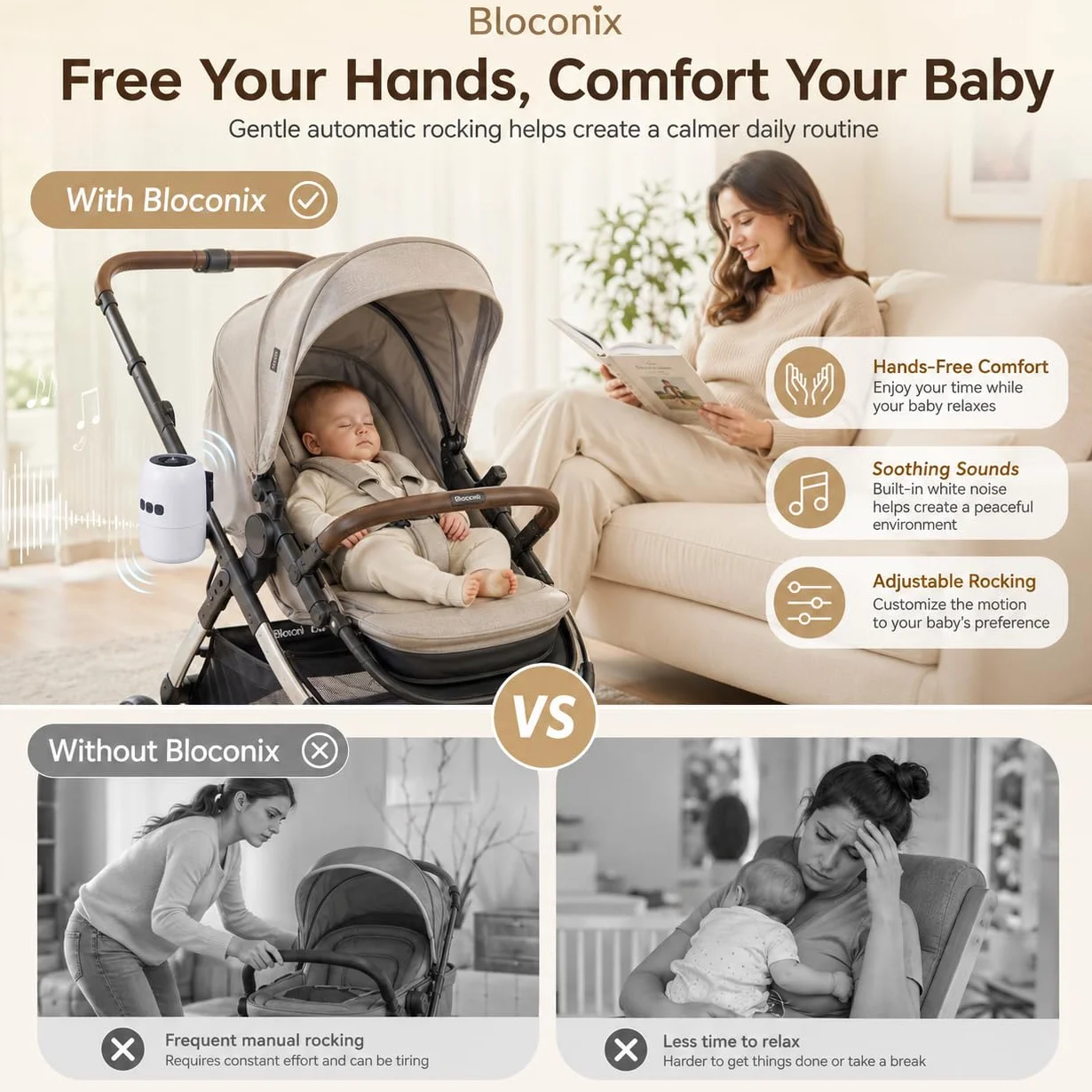 Baby Rocker Ricaricabile, Dondola Passeggino con 5 Livelli di Oscillazione e Rumore Bianco - Regolabile, Ultra Silenzioso, USB-C, 2 Supporti Universali per Tutti i Passeggini (Bianco)