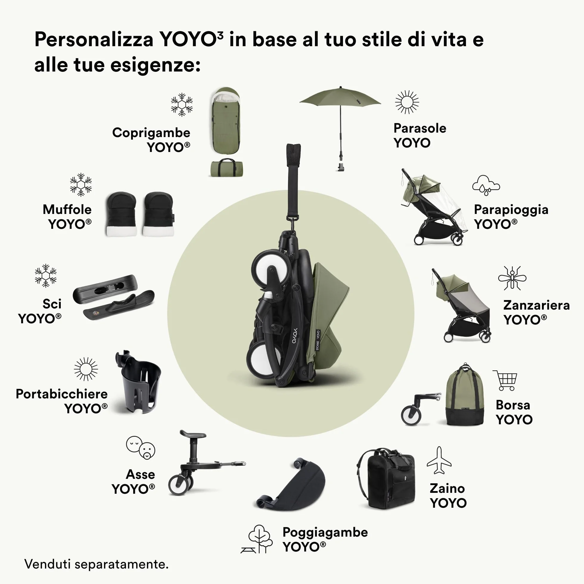 Stokke YOYO3 Passeggino da 6 mesi Telaio Nero Cuscino Seduta Olive Capottina Ripiegabile Compatto